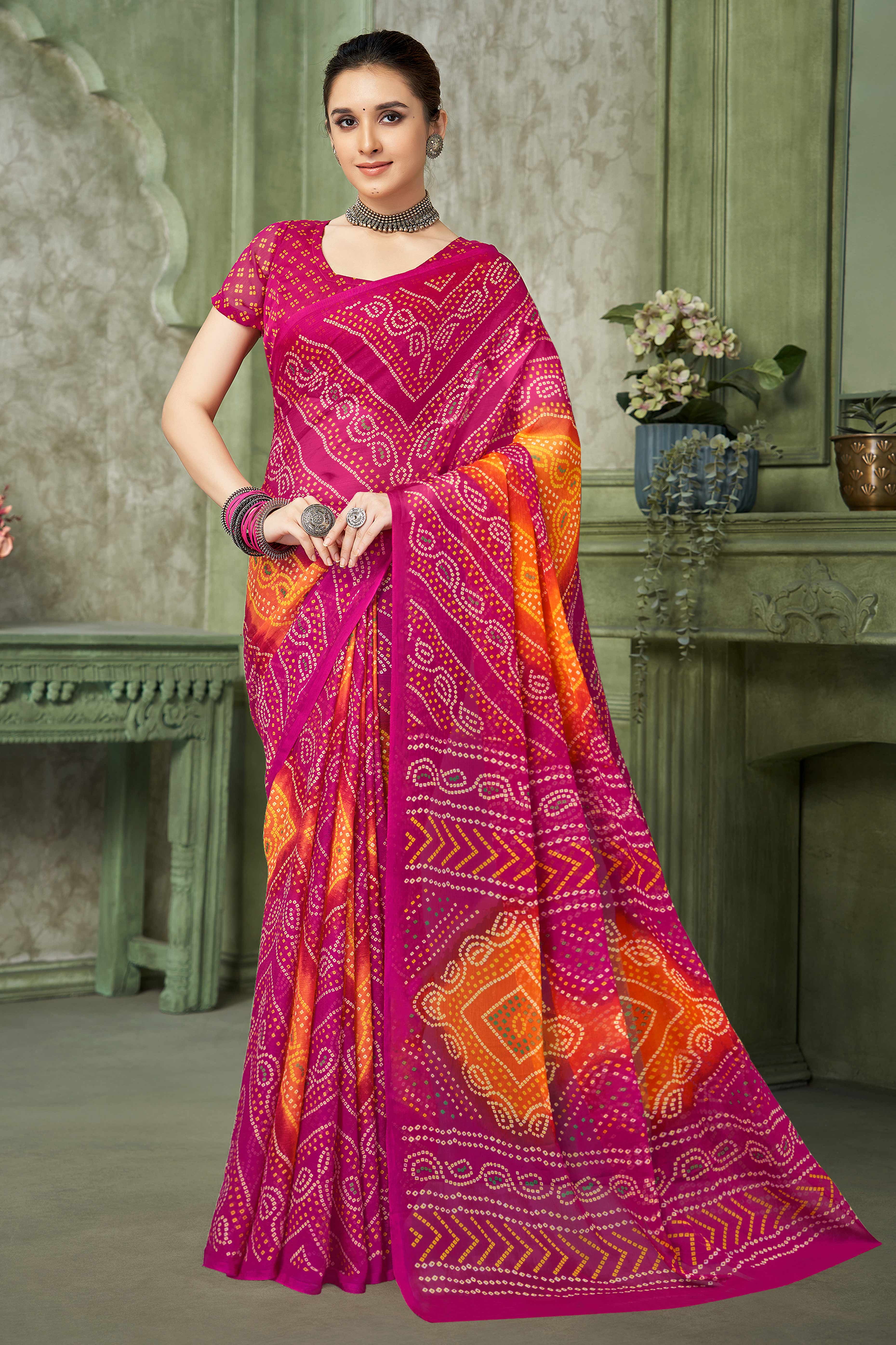 Magenta Chiffon Saree Adorned With Traditional Bandhani Print