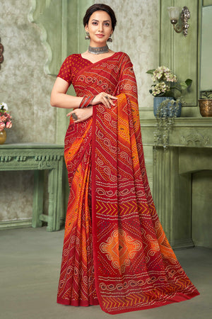 Maroon Chiffon Saree Adorned With Traditional Bandhani Print