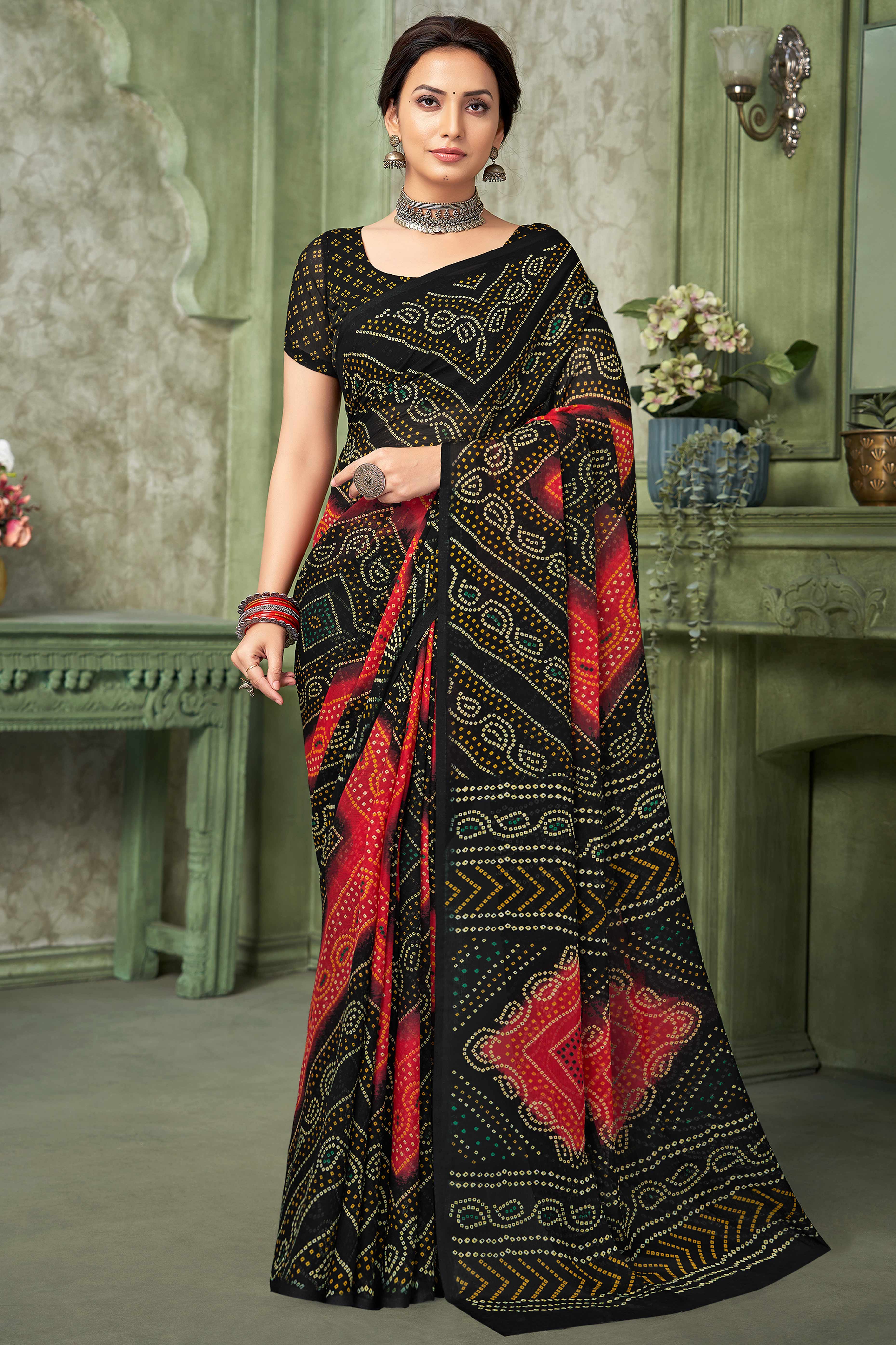 Black Chiffon Saree Adorned With Traditional Bandhani Print