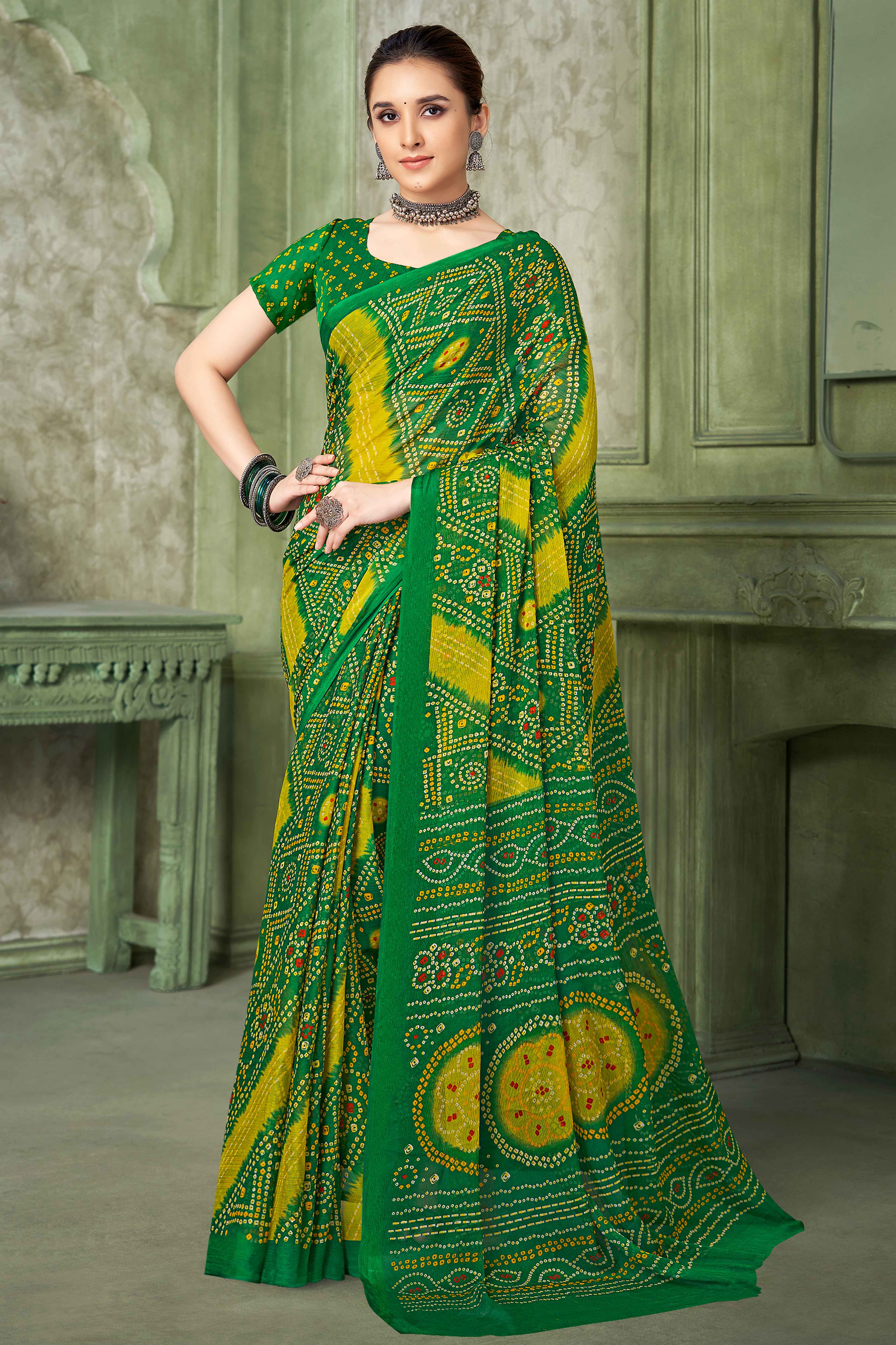Green Chiffon Saree Adorned With Traditional Bandhani Print