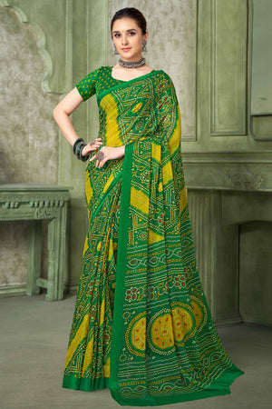 Green Chiffon Saree Adorned With Traditional Bandhani Print