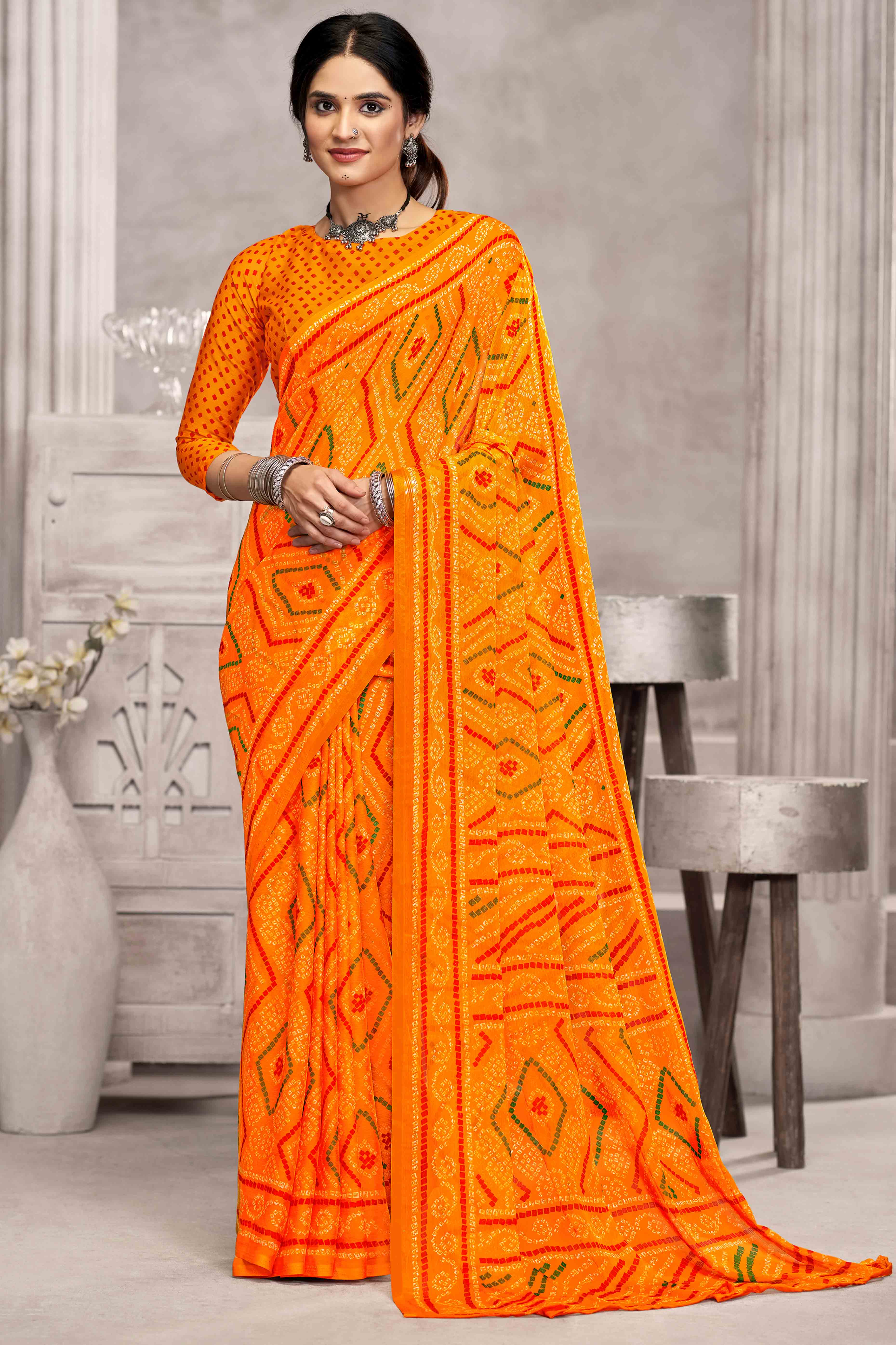 Mustard Chiffon Saree Features Bandhani Print for Casual Occasion