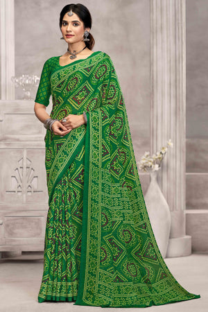 Green Chiffon Saree Features Bandhani Print for Casual Occasion