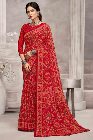 Red Chiffon Saree Features Bandhani Print for Casual Occasion