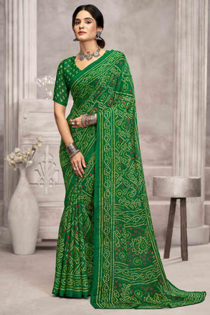 Green Chiffon Saree Features Bandhani Print for Casual Occasion