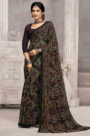 Black Chiffon Saree Features Bandhani Print for Casual Occasion