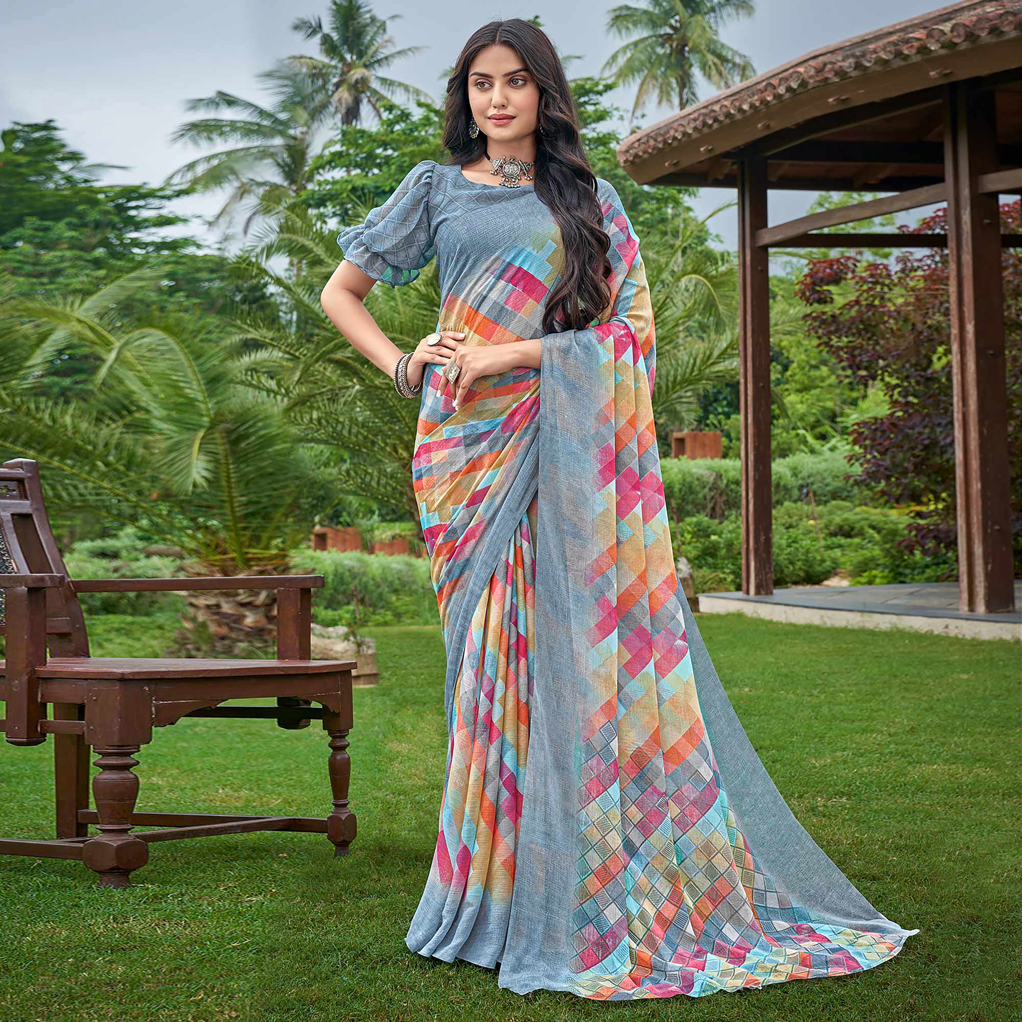 Grey Geometric Printed Chiffon Saree