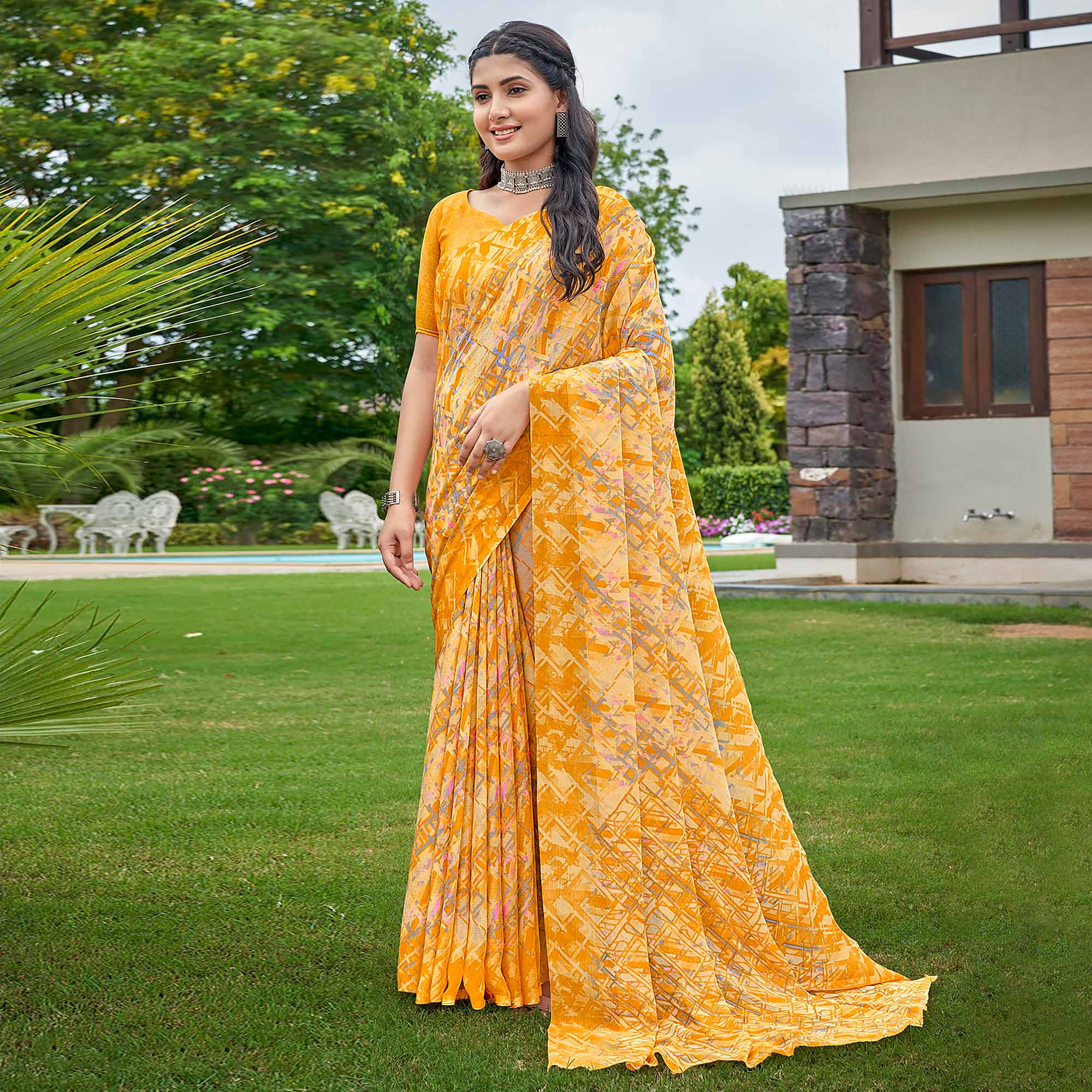 Mustard Geometric Printed Chiffon Saree