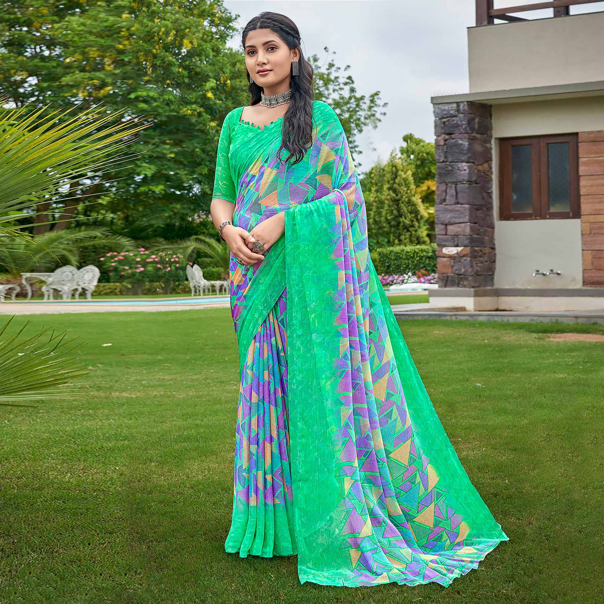 Turquoise Geometric Printed Chiffon Saree
