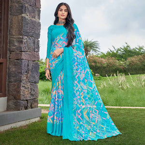 Blue Geometric Printed Chiffon Saree