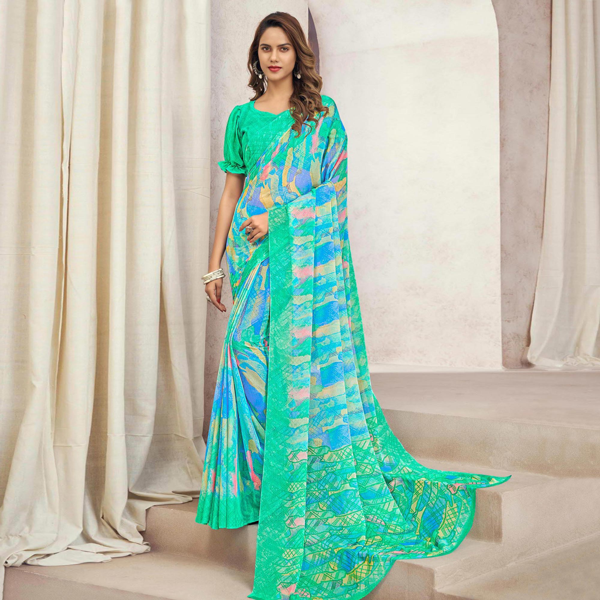 Turquoise Printed Chiffon Saree