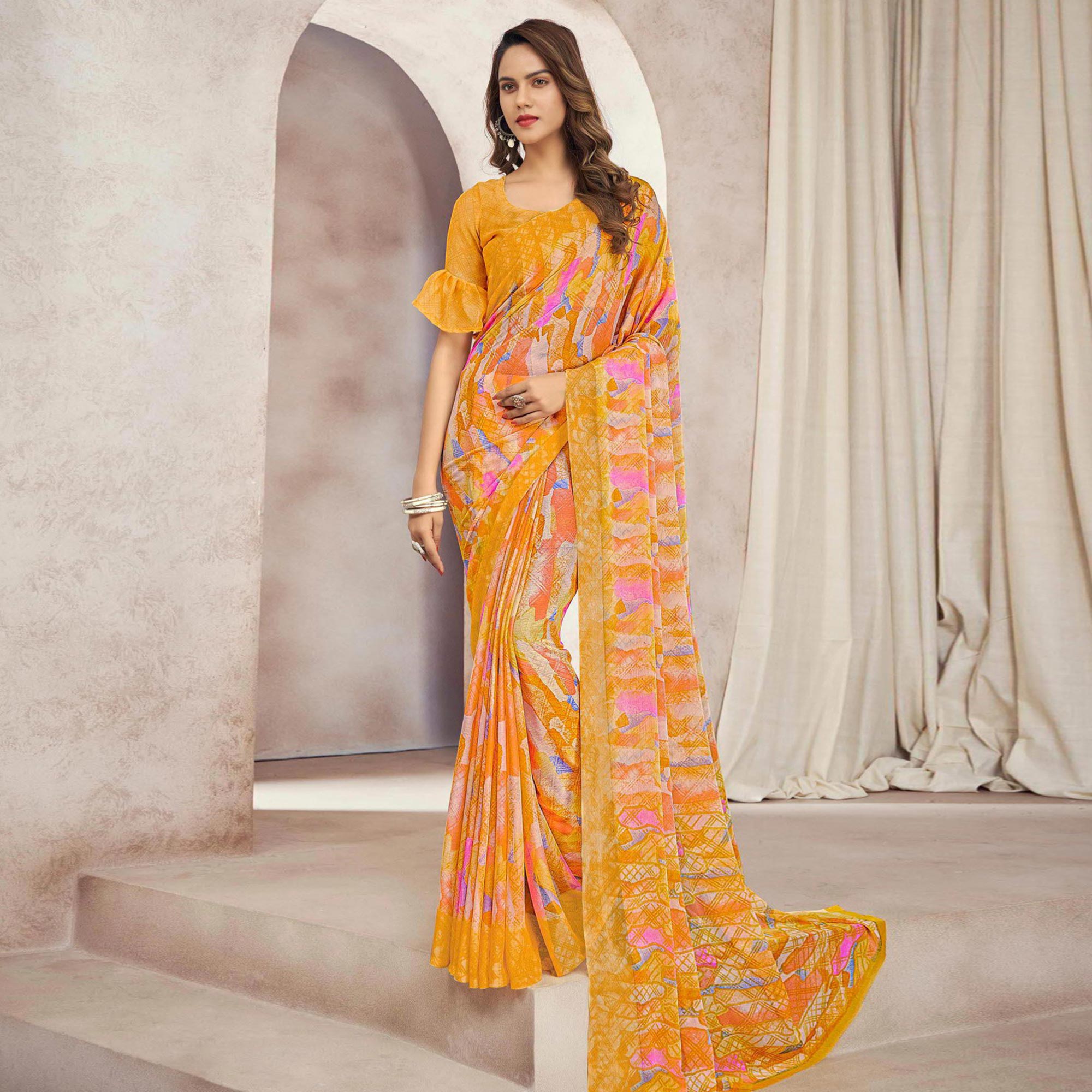 Mustard Printed Chiffon Saree