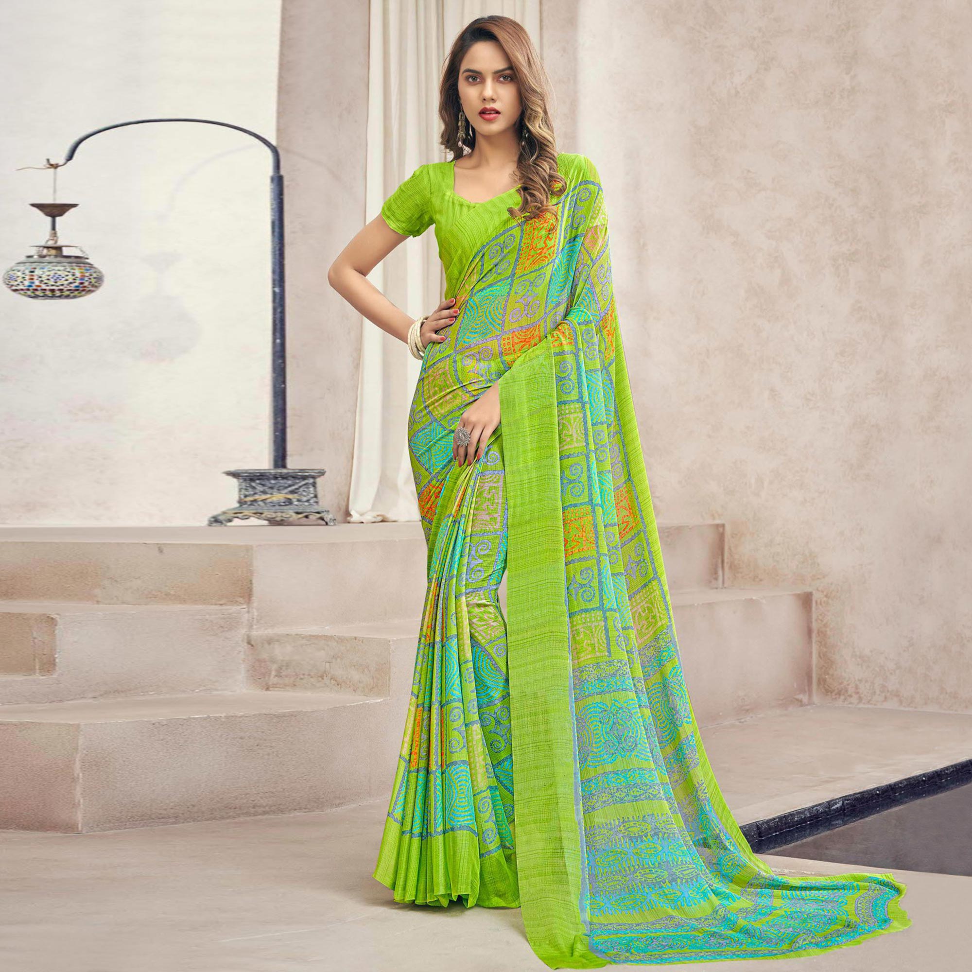 Green Printed Chiffon Saree