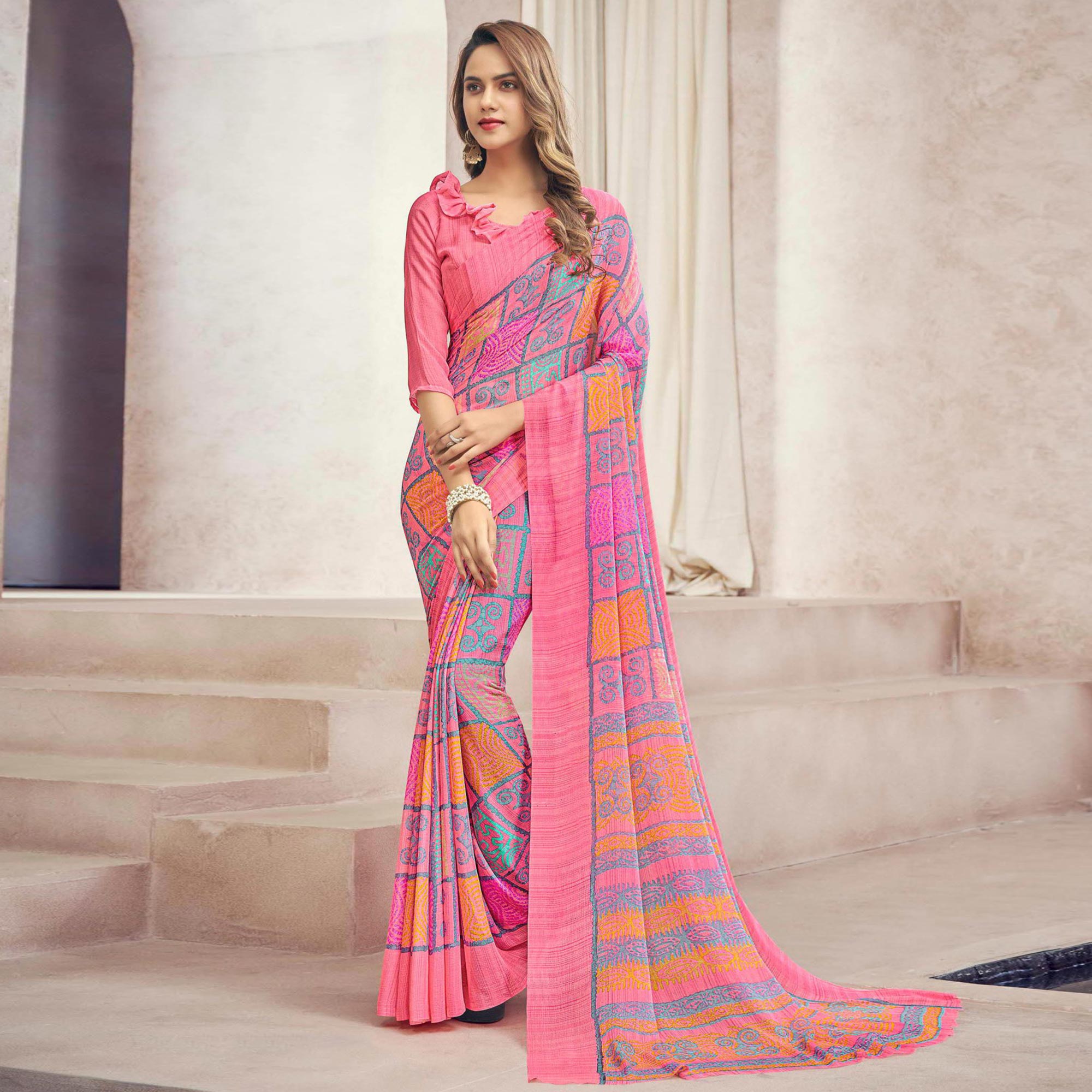 Pink Printed Chiffon Saree