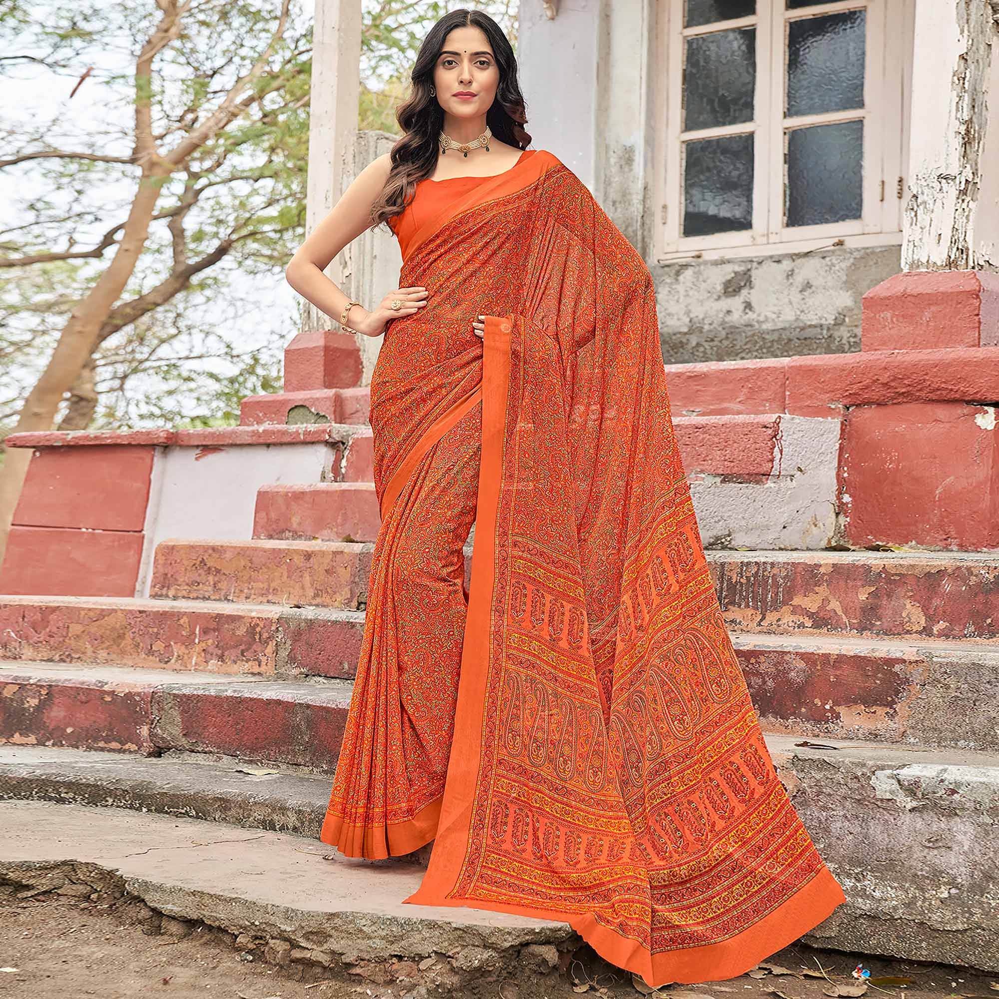 Orange Floral Printed Chiffon Saree