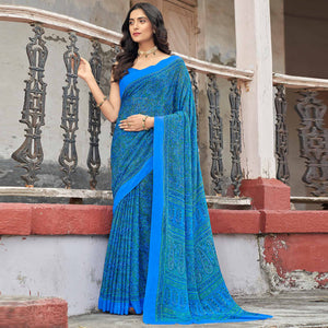 Blue Floral Printed Chiffon Saree