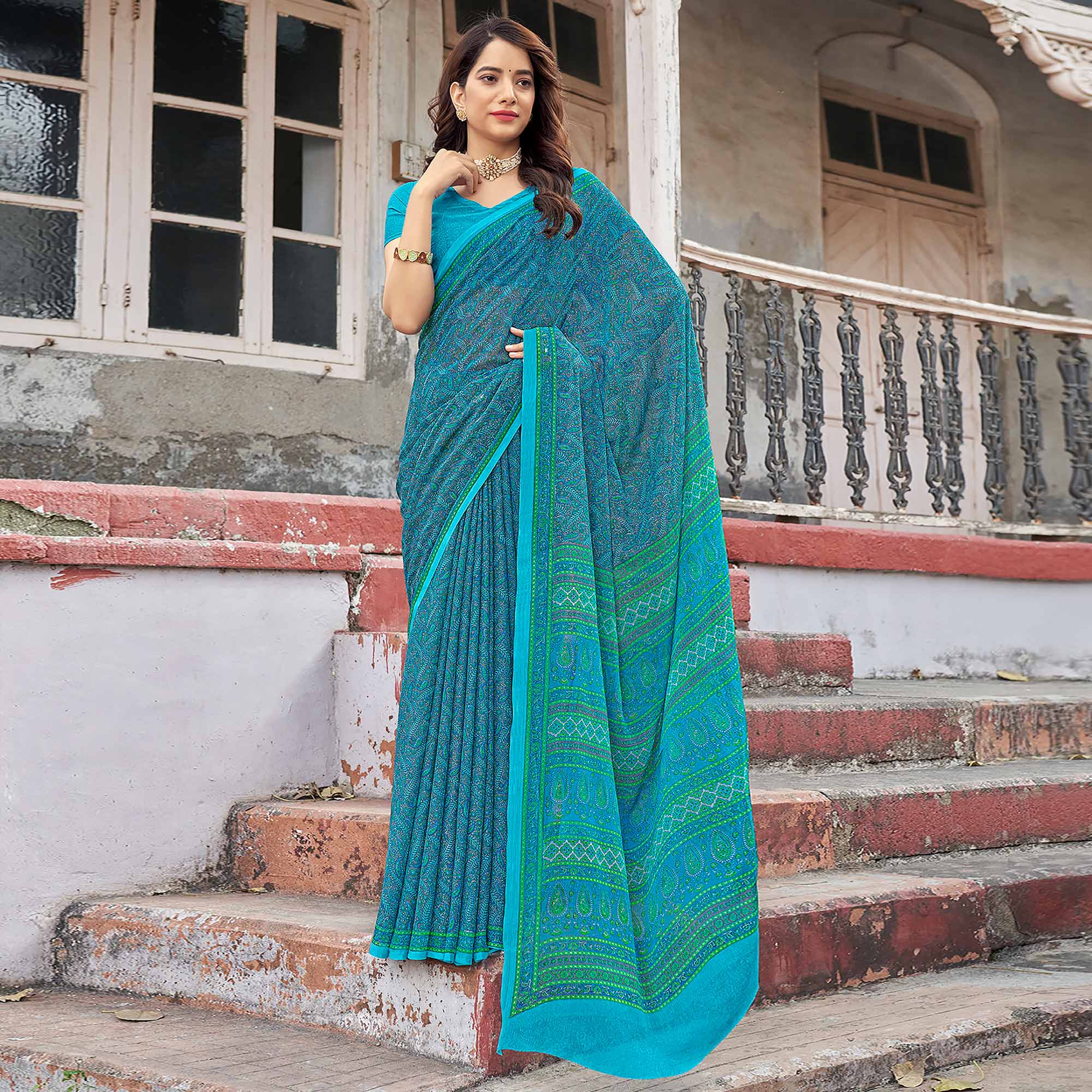 Blue Floral Printed Chiffon Saree