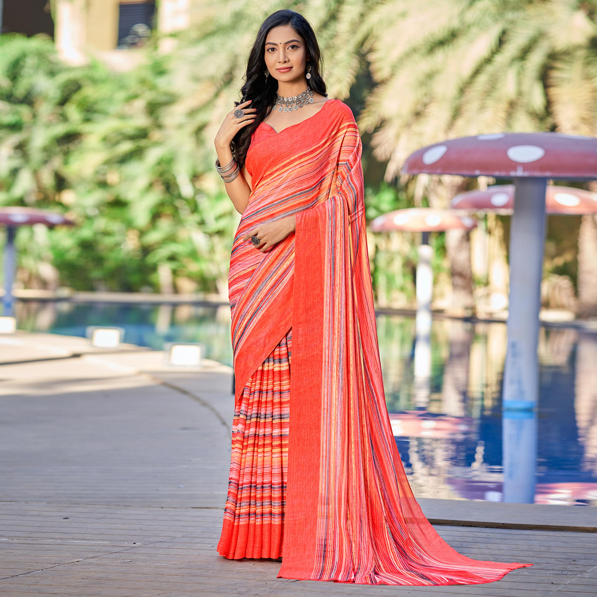 Salmon Pink Printed Chiffon Saree