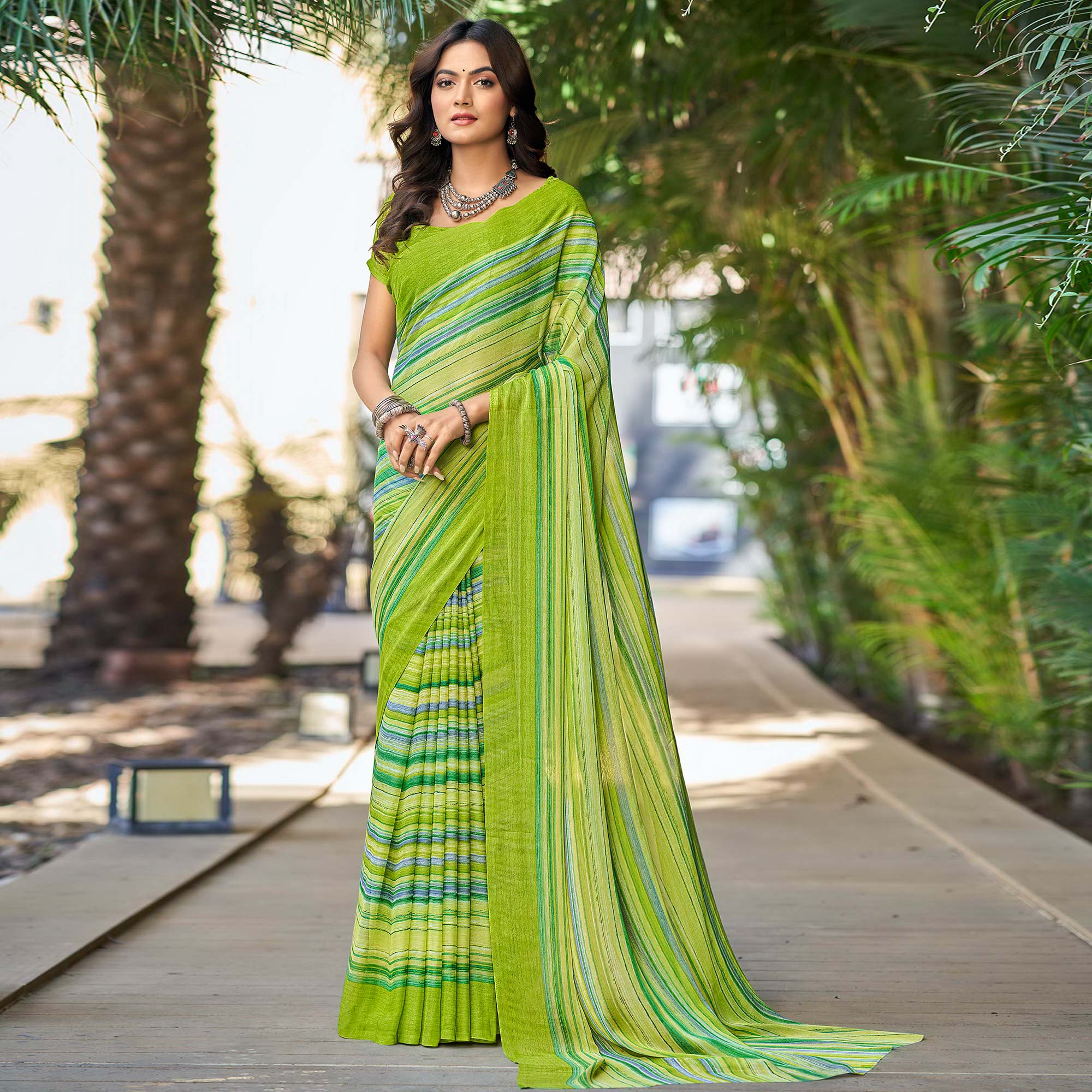Green Printed Chiffon Saree
