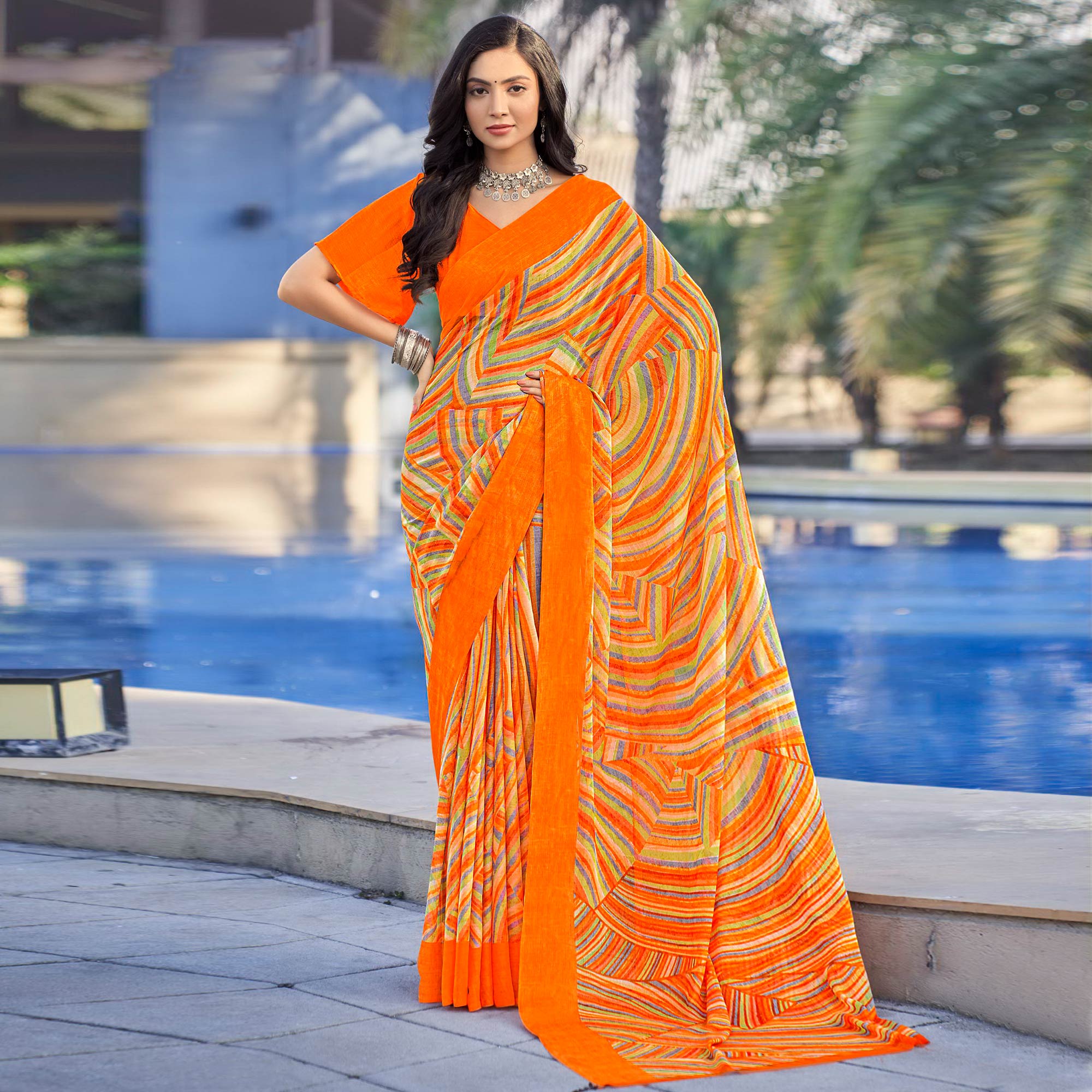 Orange Printed Chiffon Saree