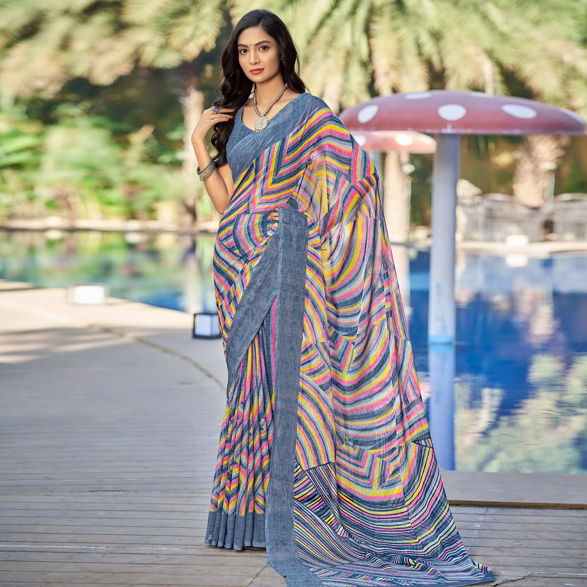 Grey Printed Chiffon Saree