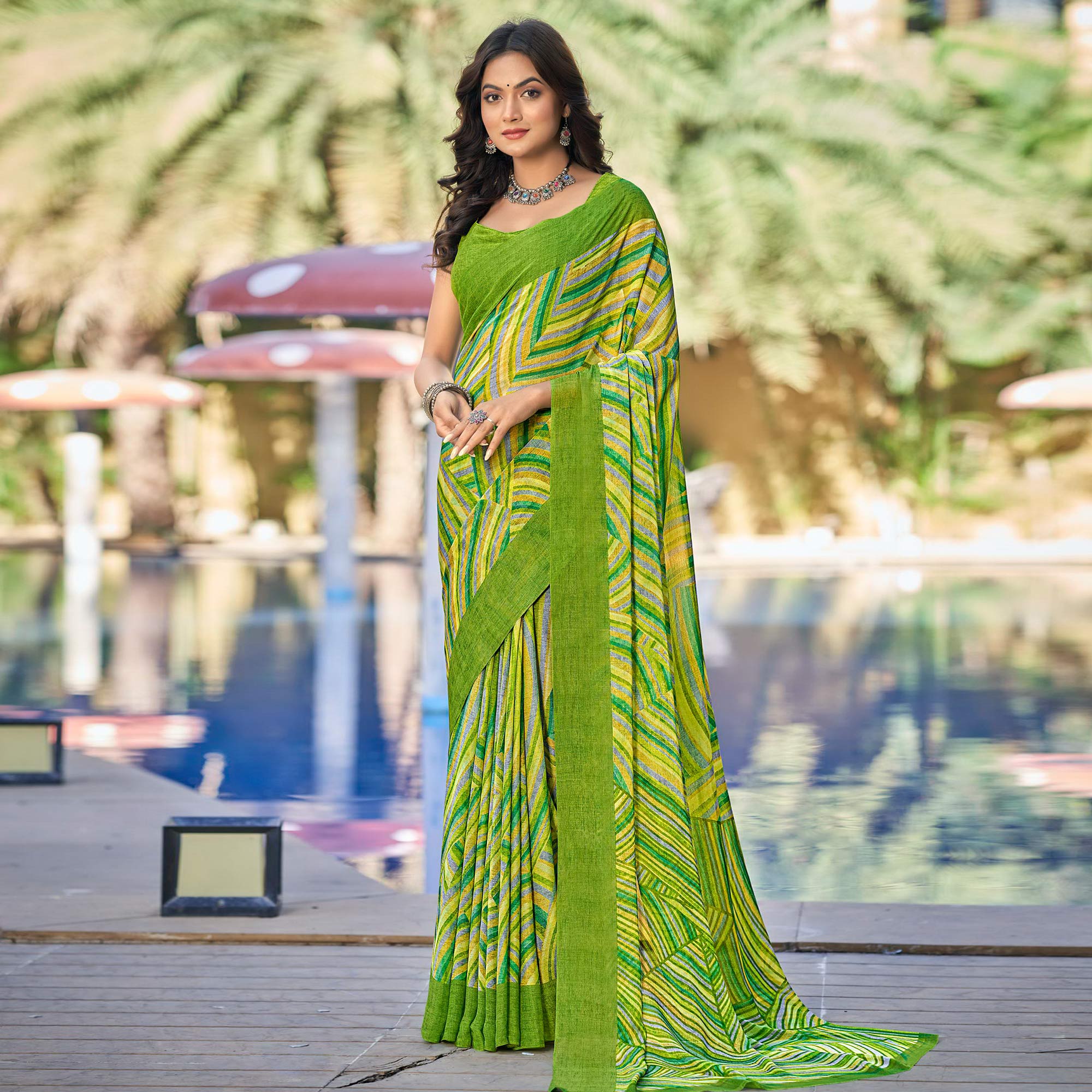 Green Printed Chiffon Saree