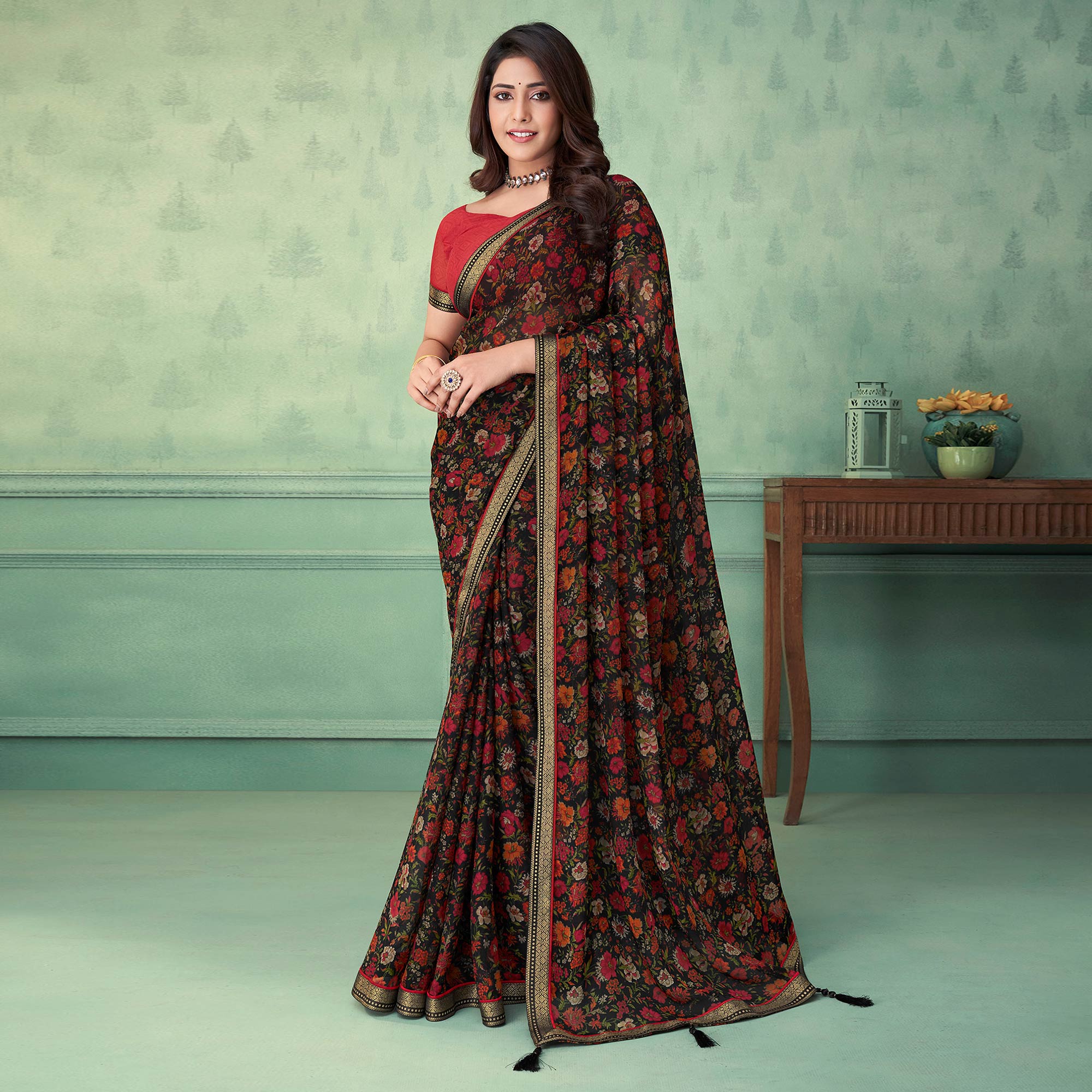 Black Floral Printed Chiffon Saree With Lace Border