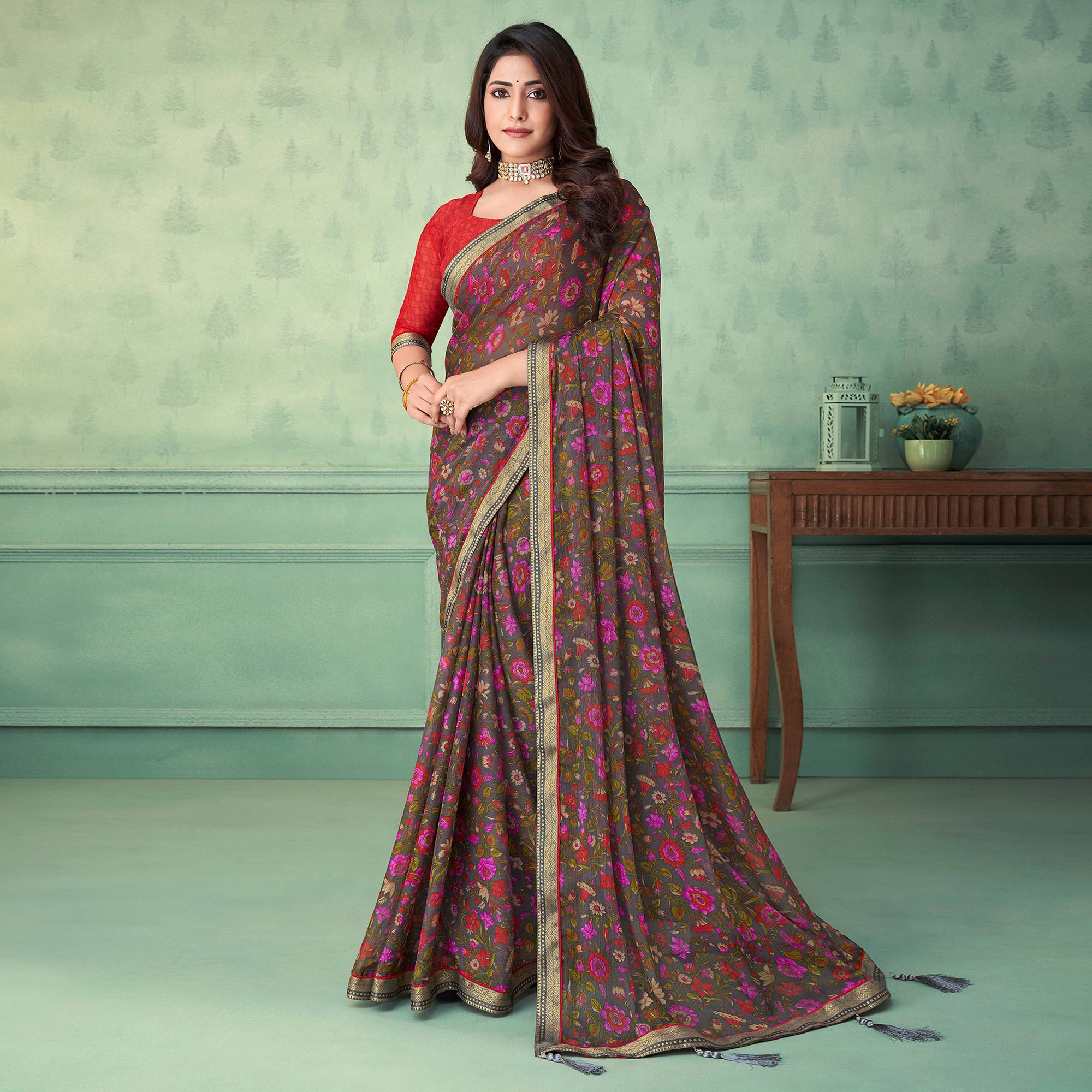 Grey Floral Printed Chiffon Saree With Lace Border