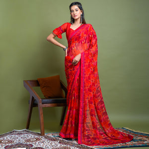 Red Geometric Printed Chiffon Saree