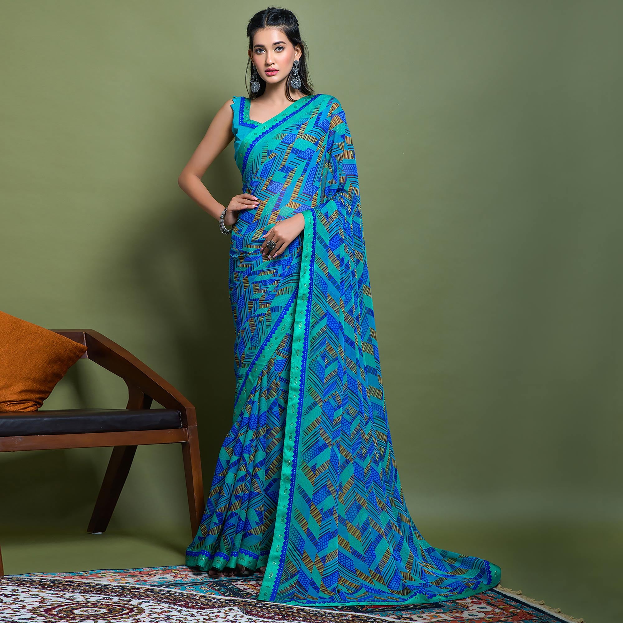 Blue Geometric Printed Chiffon Saree