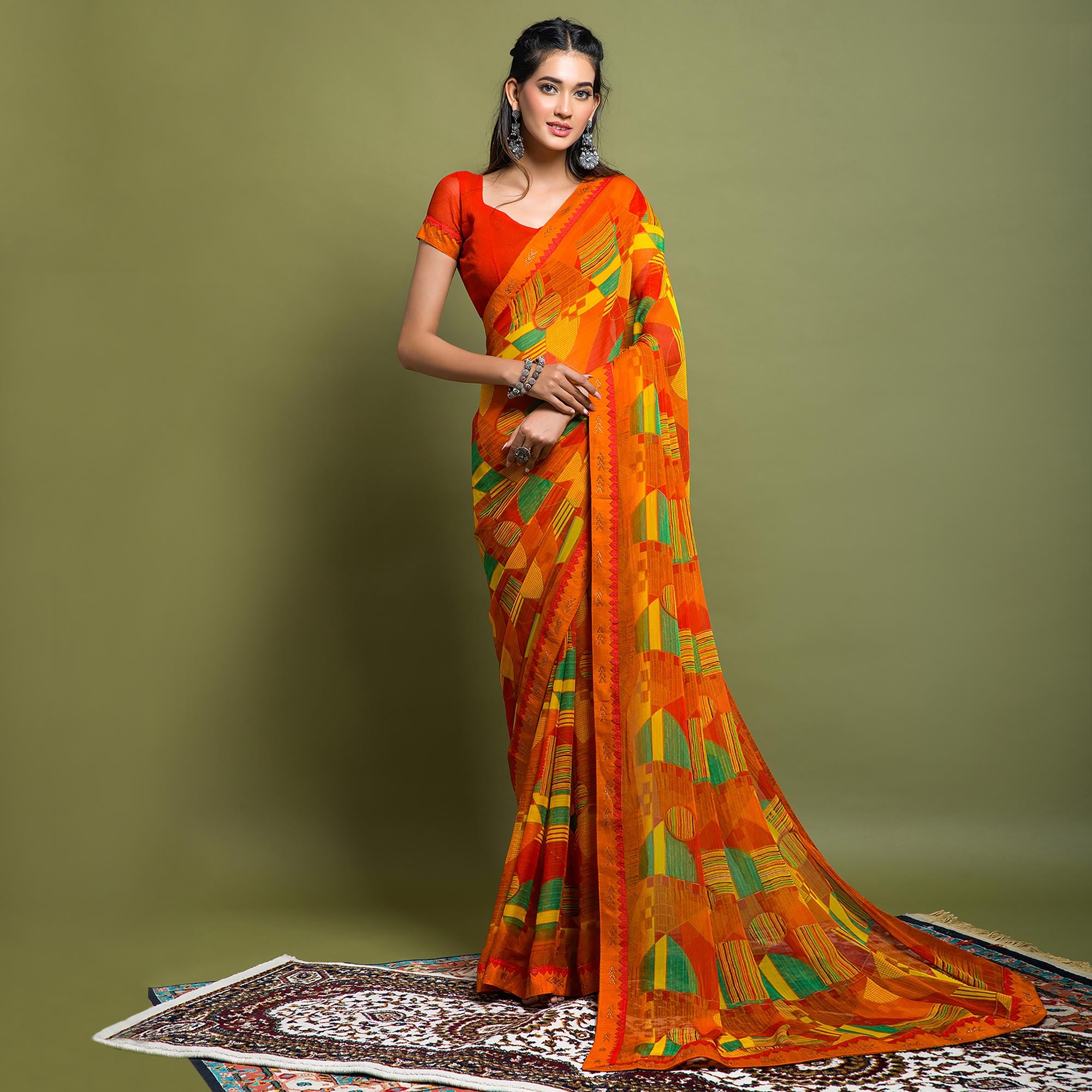 Orange Geometric Printed Chiffon Saree