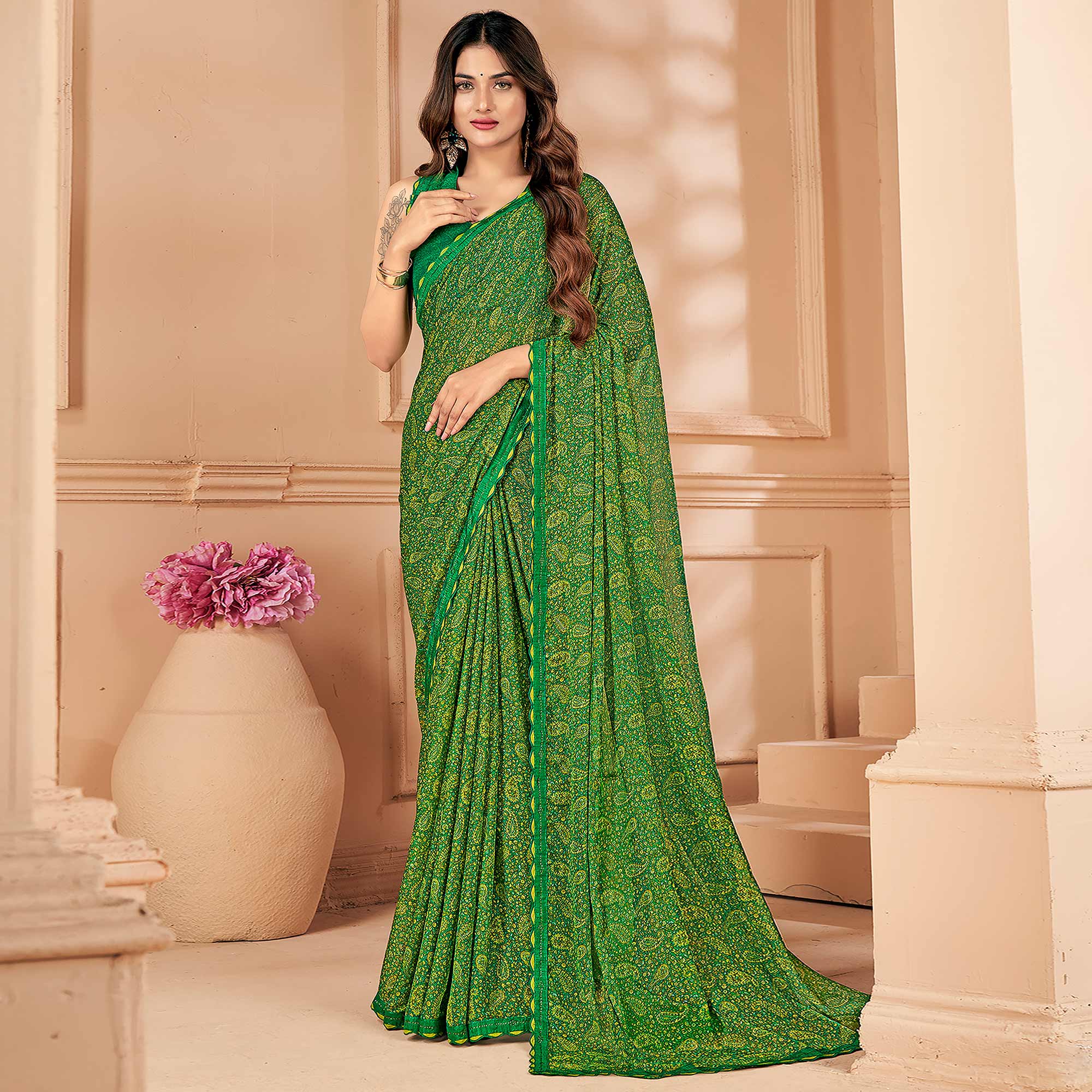 Green Printed Chiffon Saree With Lace Border