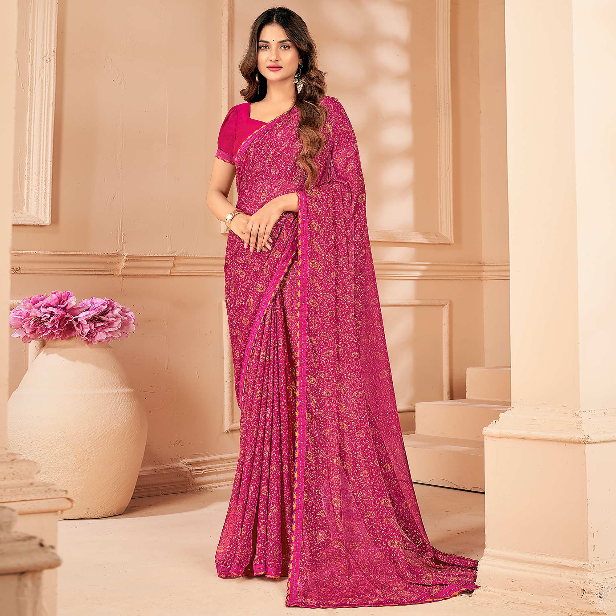 Pink Printed Chiffon Saree With Lace Border