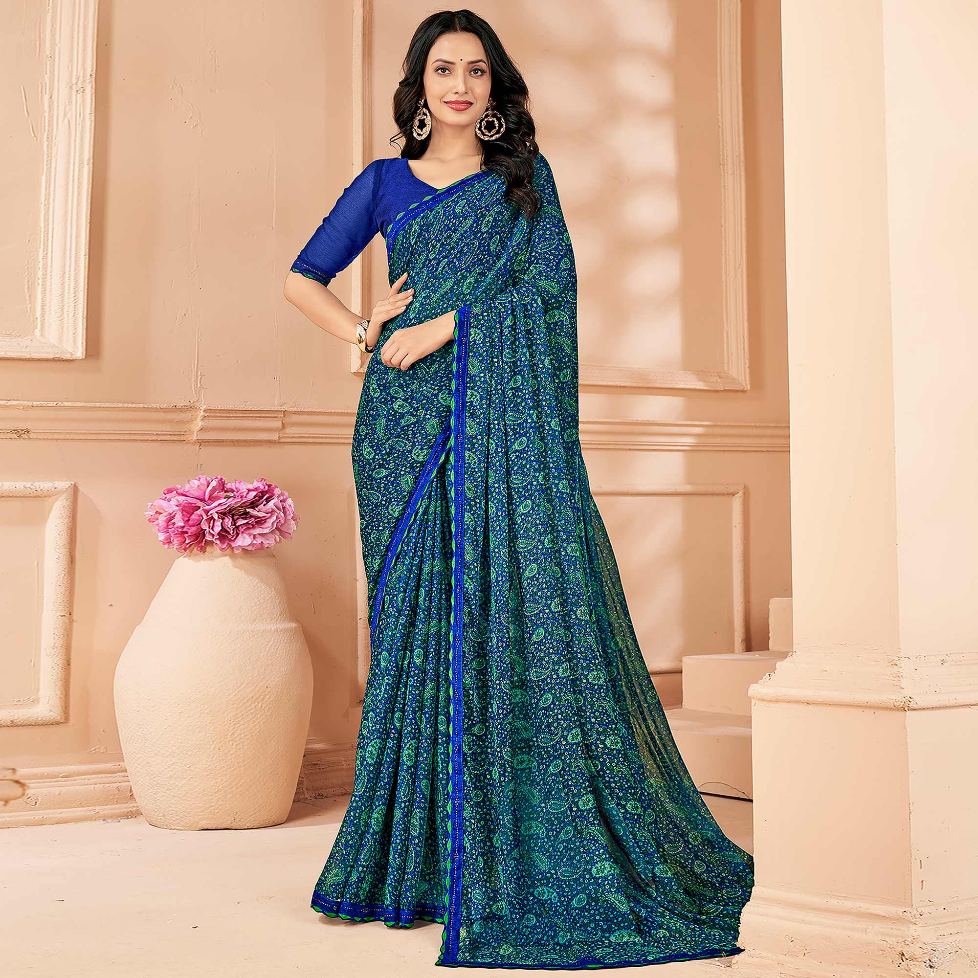 Blue Printed Chiffon Saree With Lace Border
