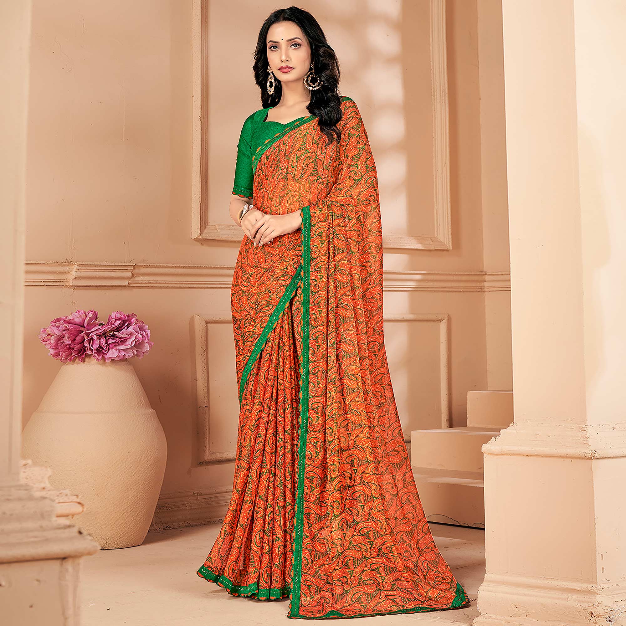 Orange Printed Chiffon Saree With Lace Border