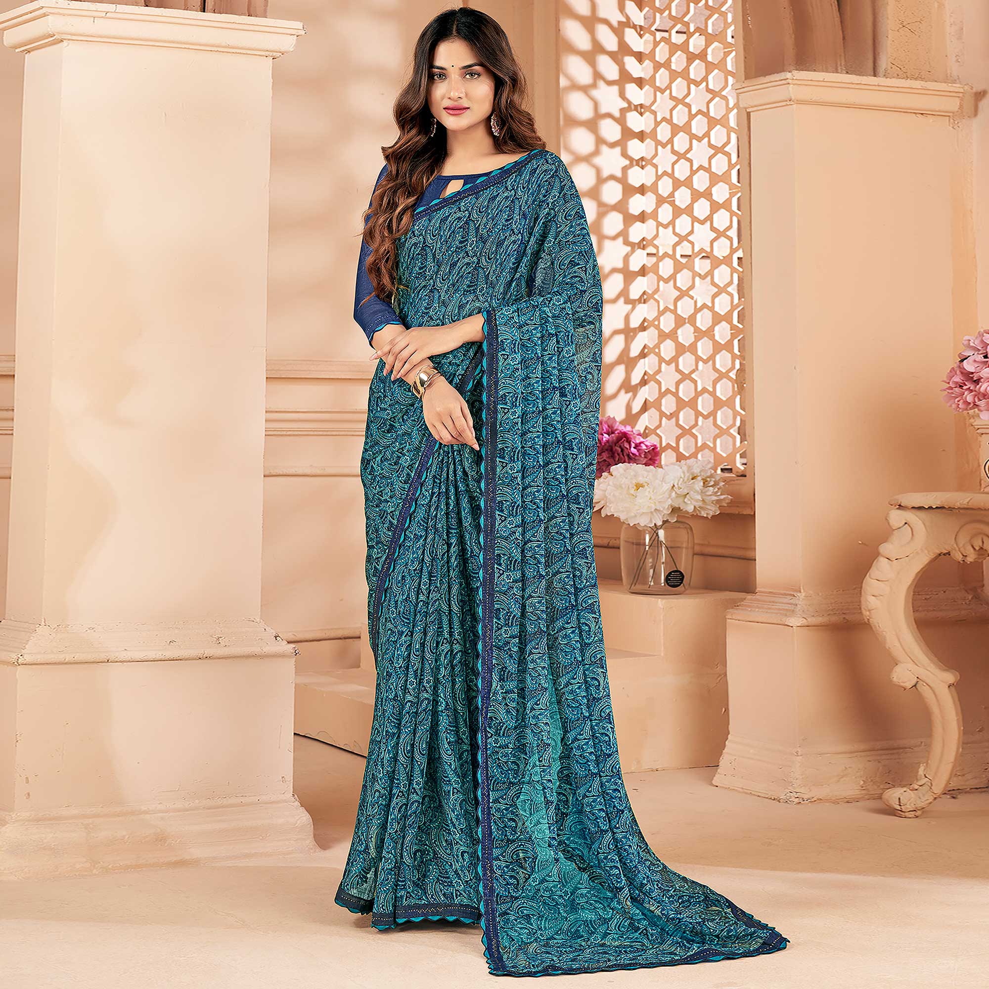 Blue Printed Chiffon Saree With Lace Border