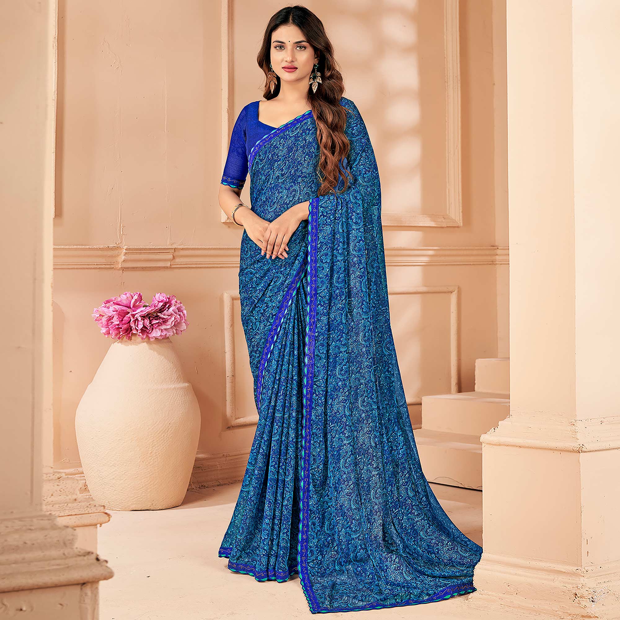Royal blue Printed Chiffon Saree With Lace Border