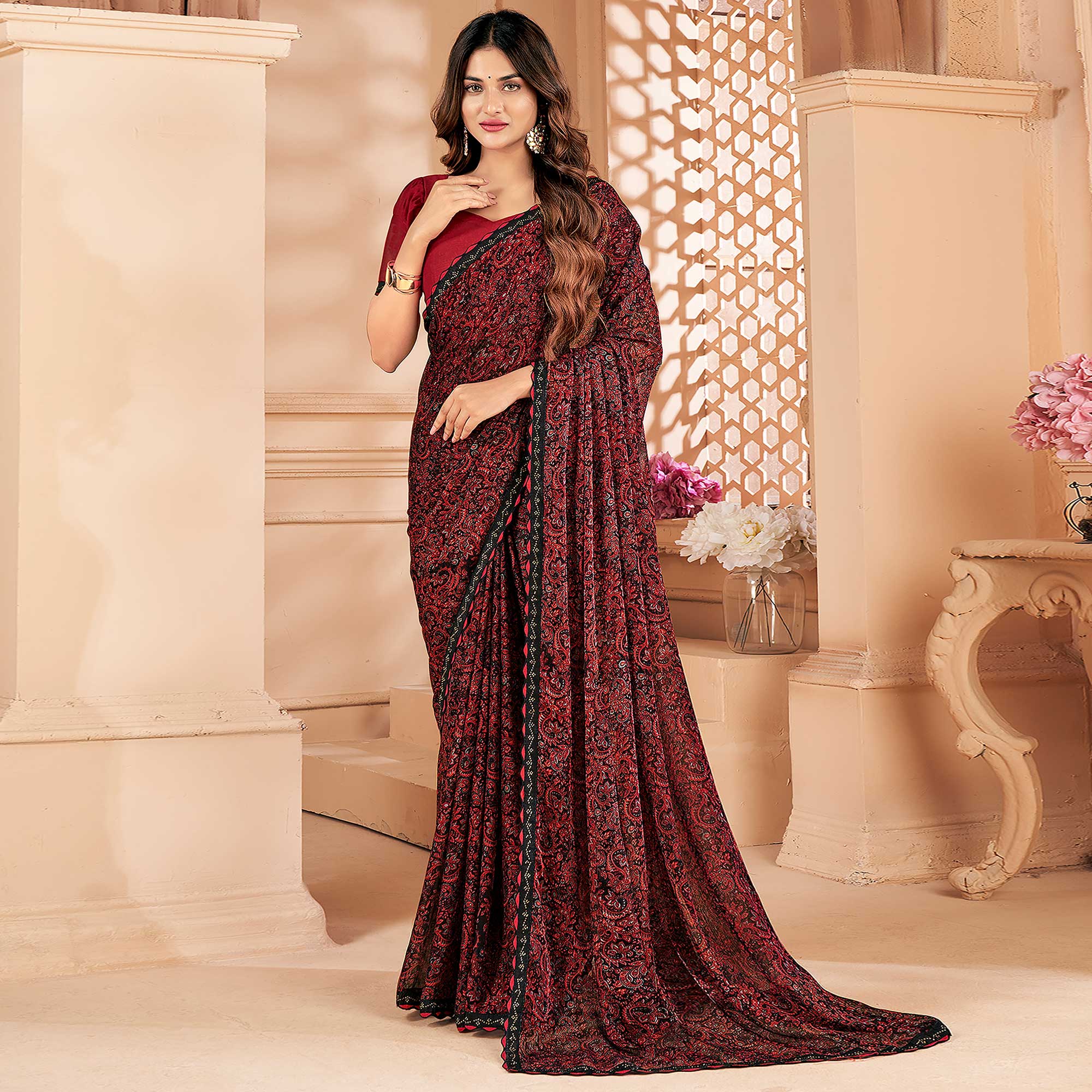 Maroon Printed Chiffon Saree With Lace Border