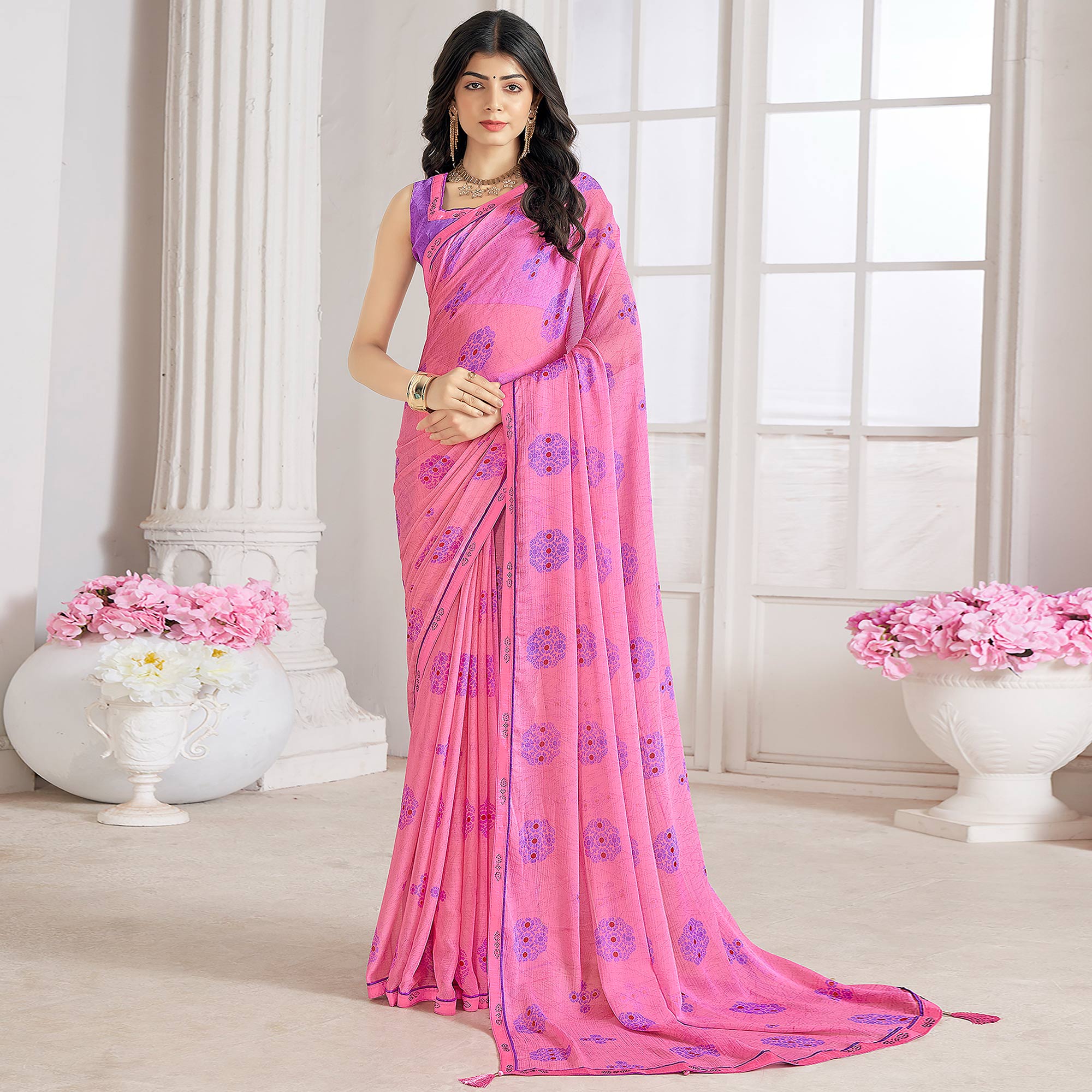 Pink Printed With Swarovski Chiffon Saree