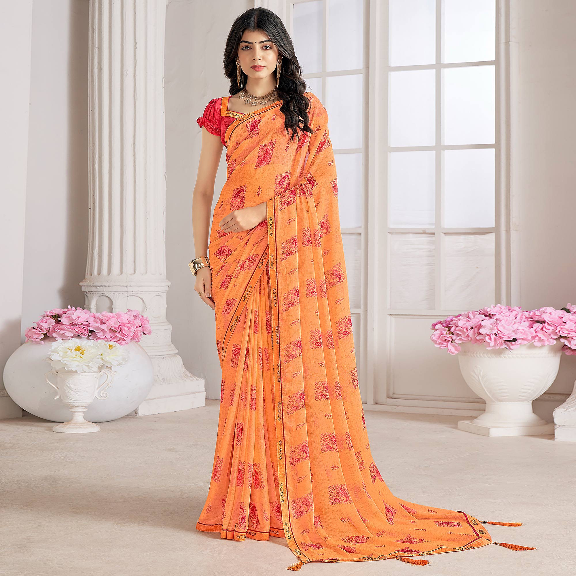 Orange Printed With Swarovski Chiffon Saree