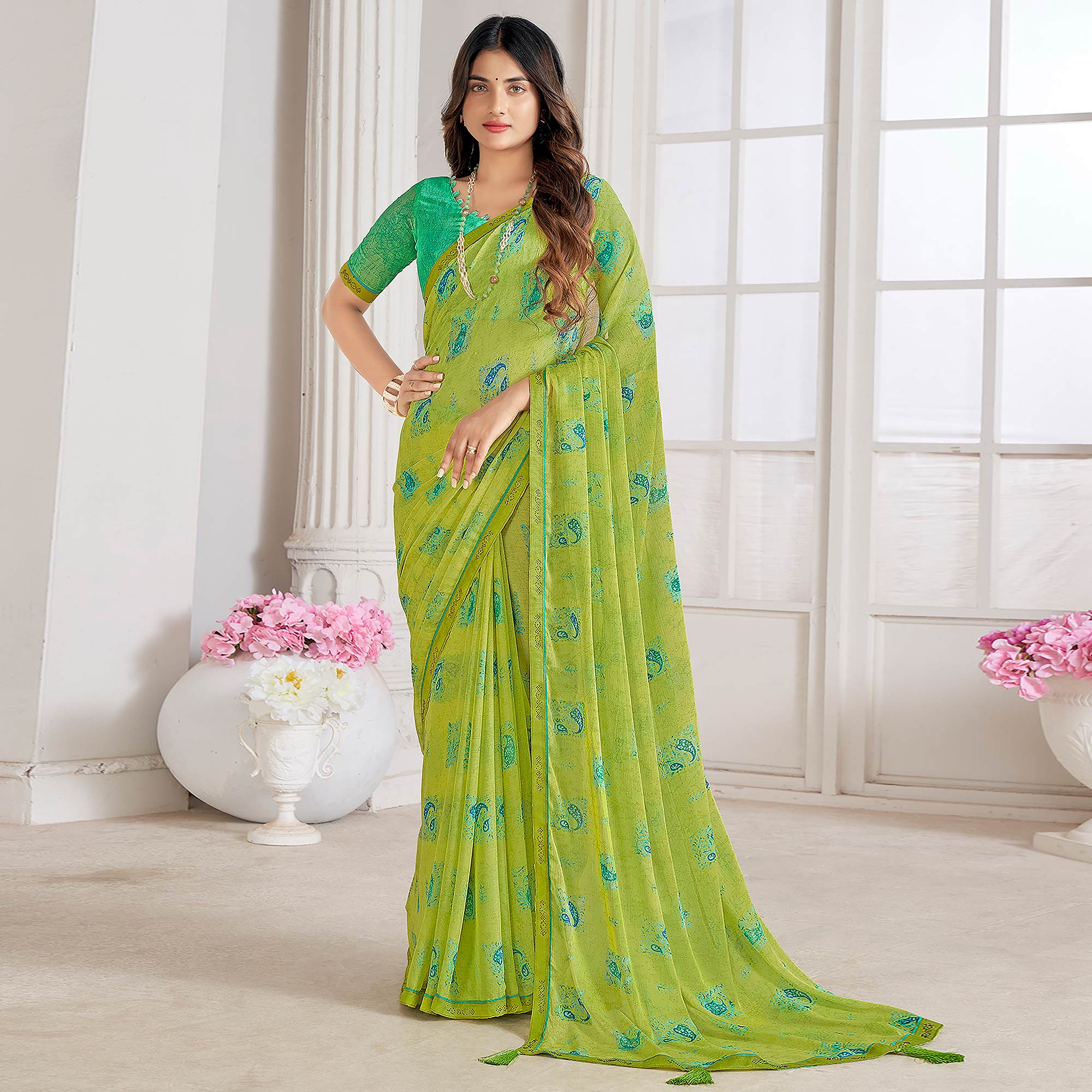 Green Printed With Swarovski Chiffon Saree