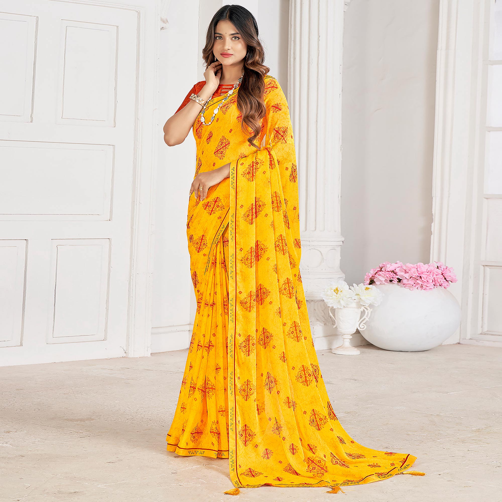 Yellow Printed With Swarovski Chiffon Saree