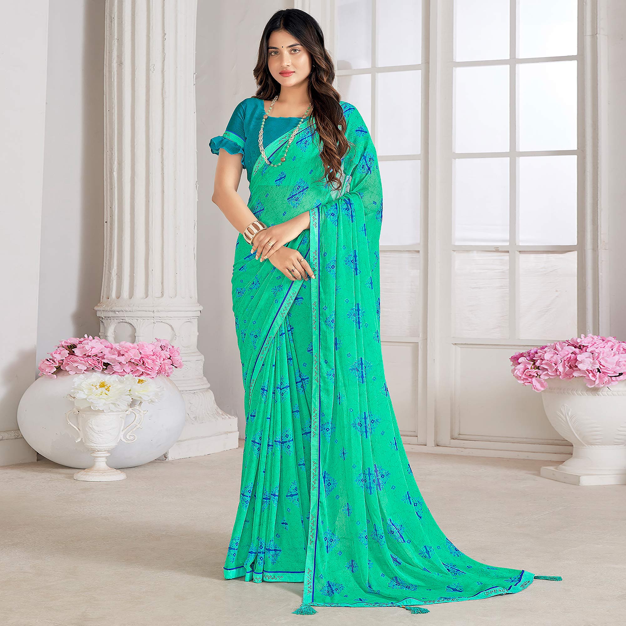 Turquoise Printed With Swarovski Chiffon Saree