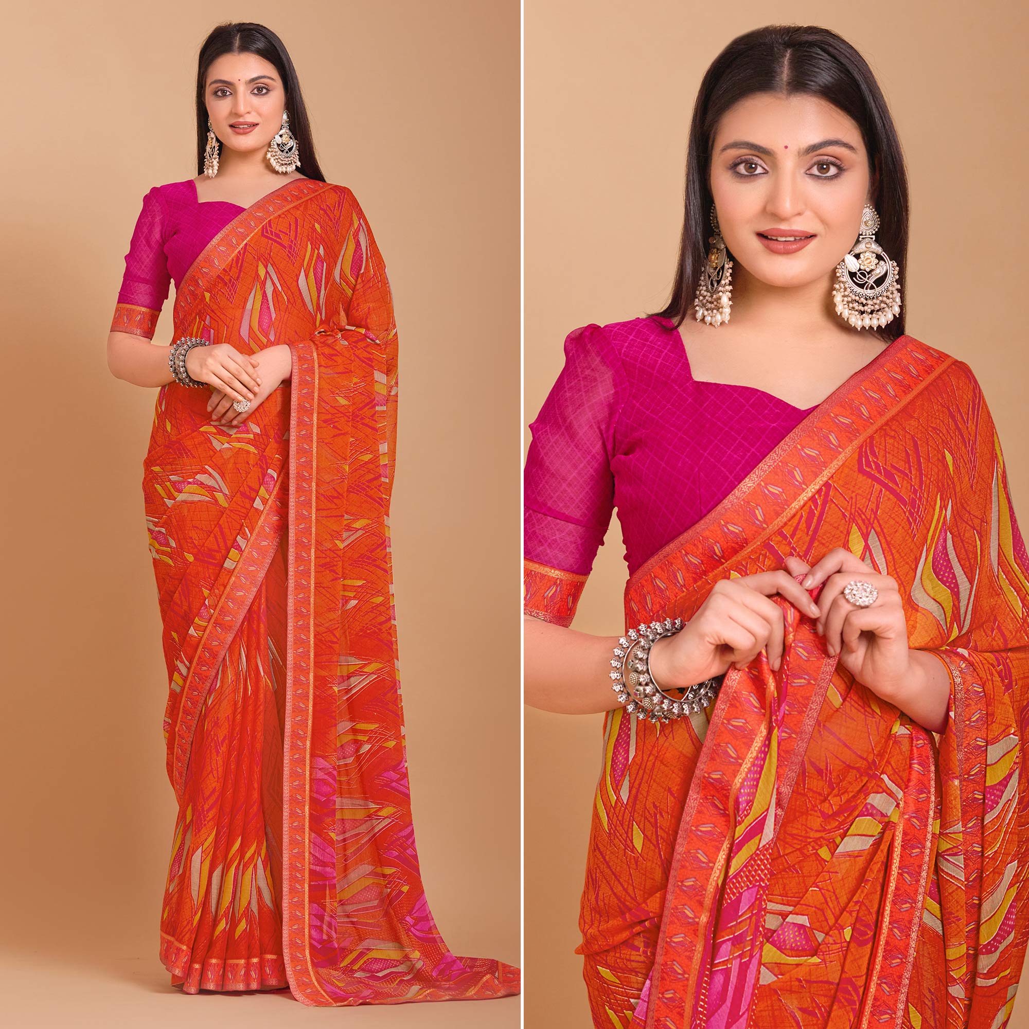 Orange Geometric Printed Chiffon Saree