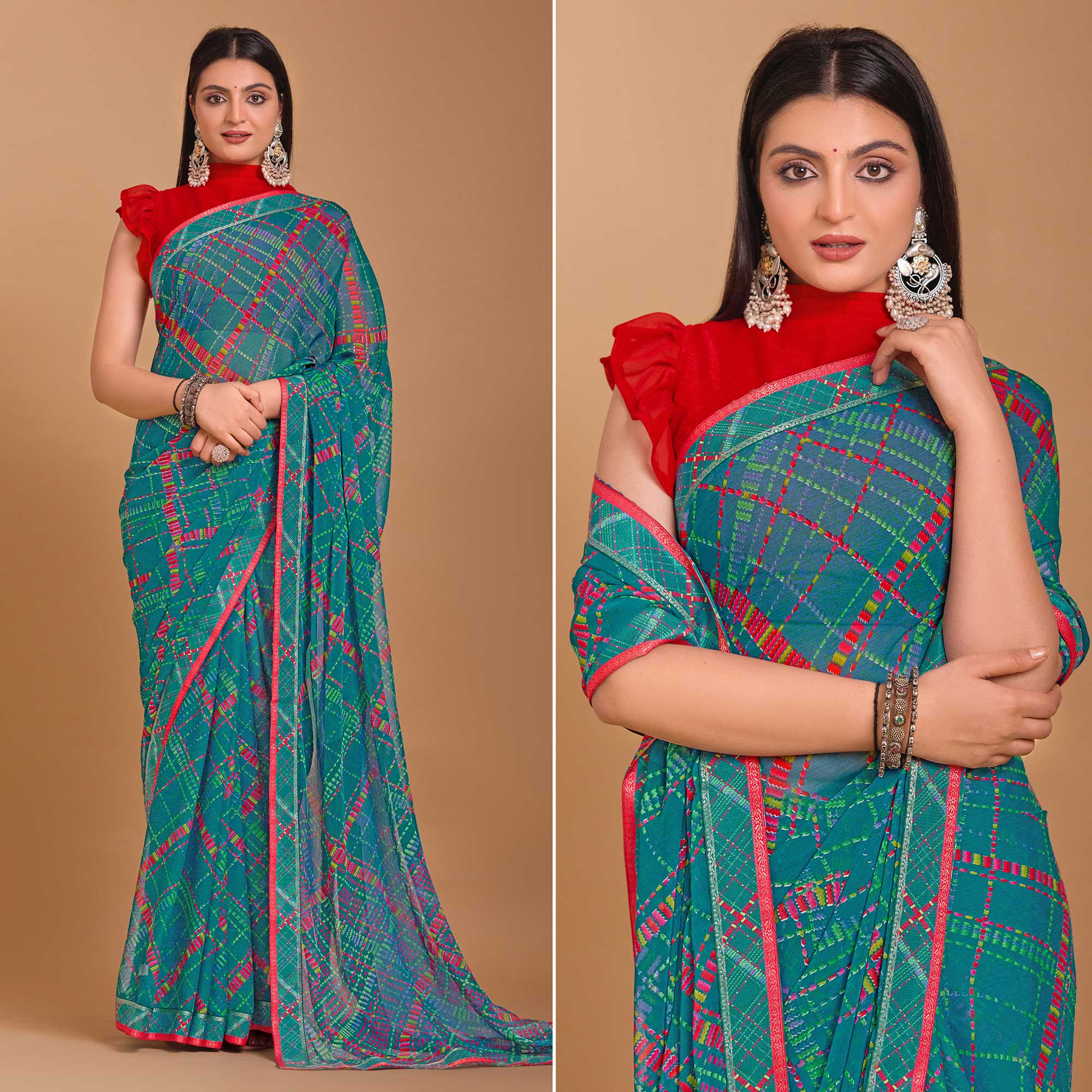 Teal Geometric Printed Chiffon Saree