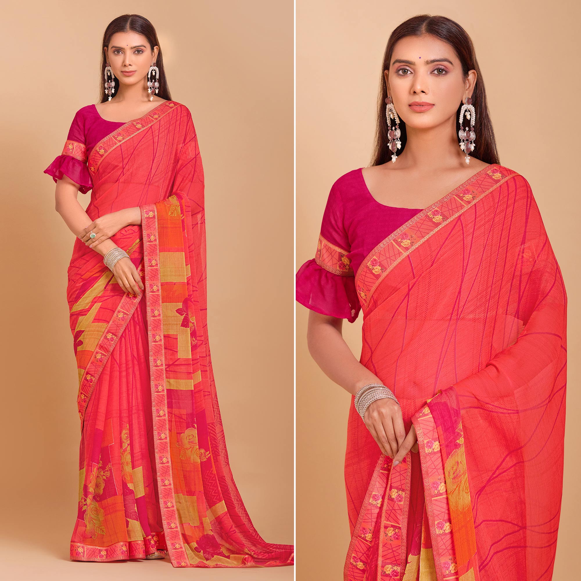 Peach Geometric Printed Chiffon Saree