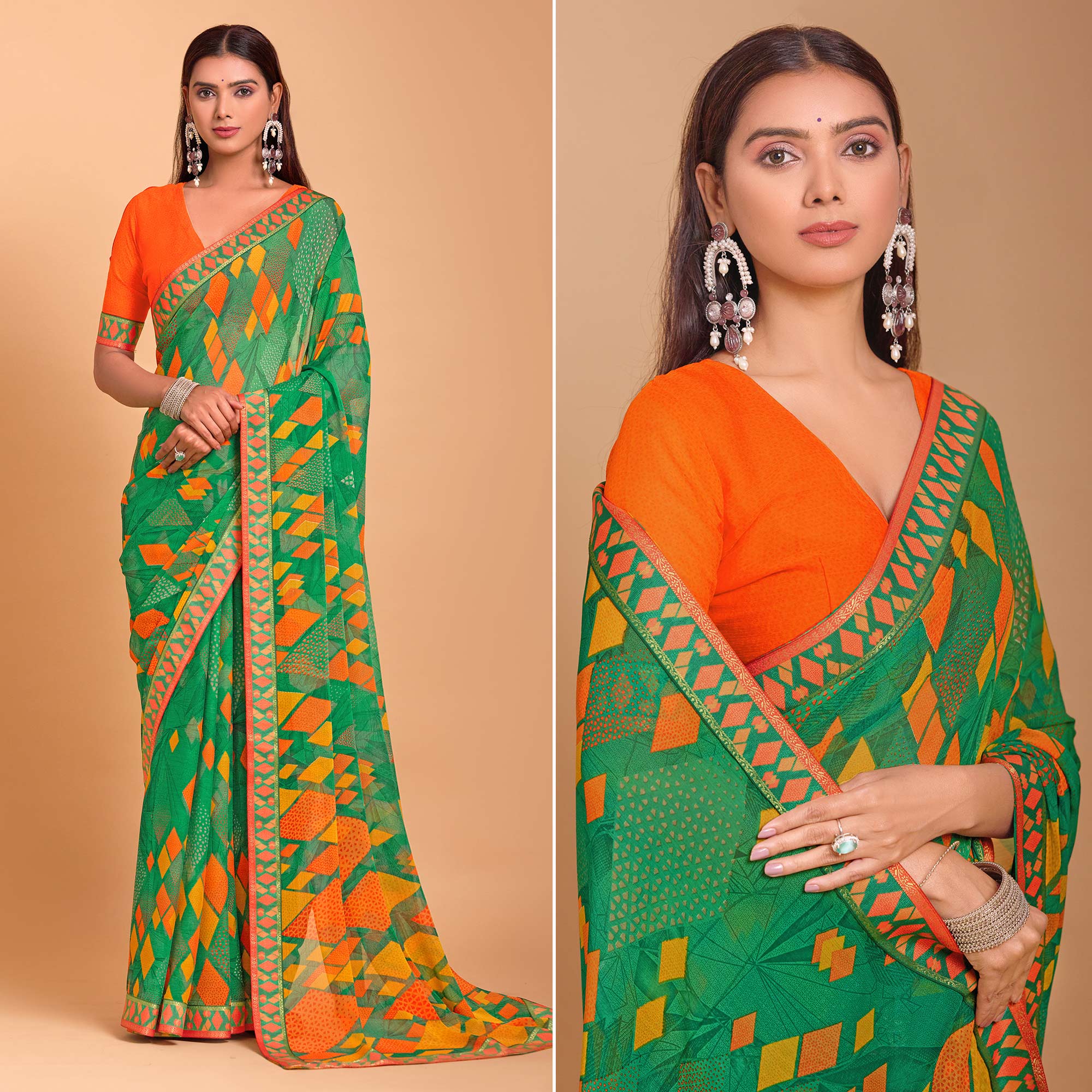Green Geometric Printed Chiffon Saree