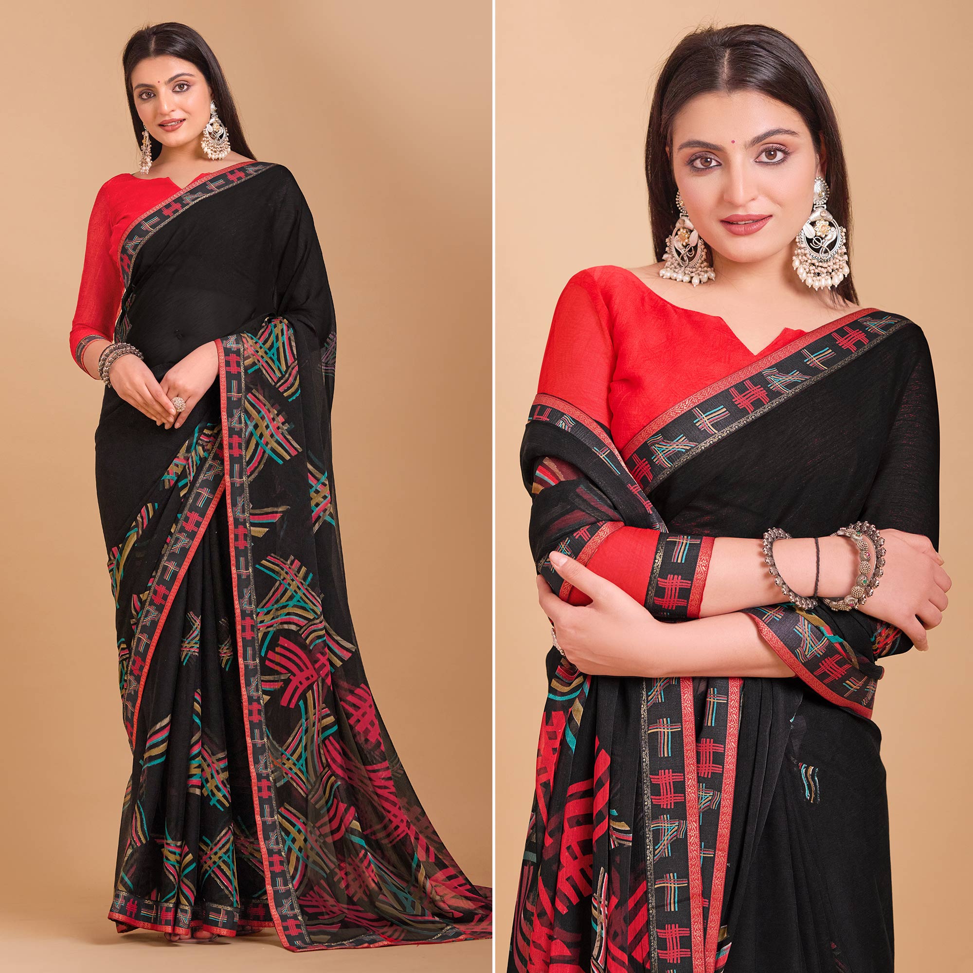 Black Geometric Printed Chiffon Saree