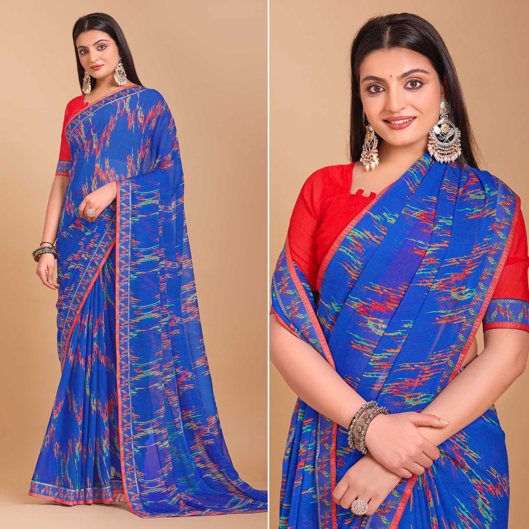 Blue Ikkat Printed Chiffon Saree