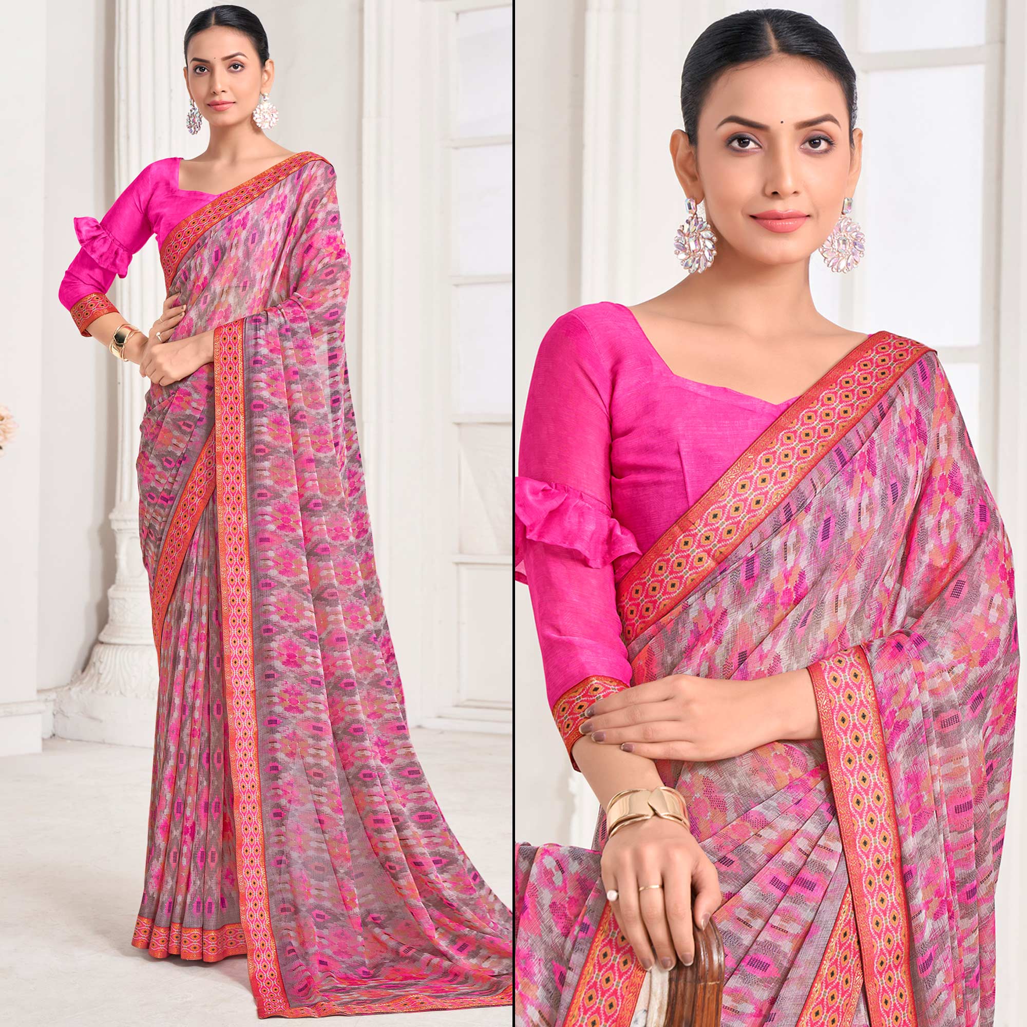 Pink Printed Chiffon Saree With Lace Border